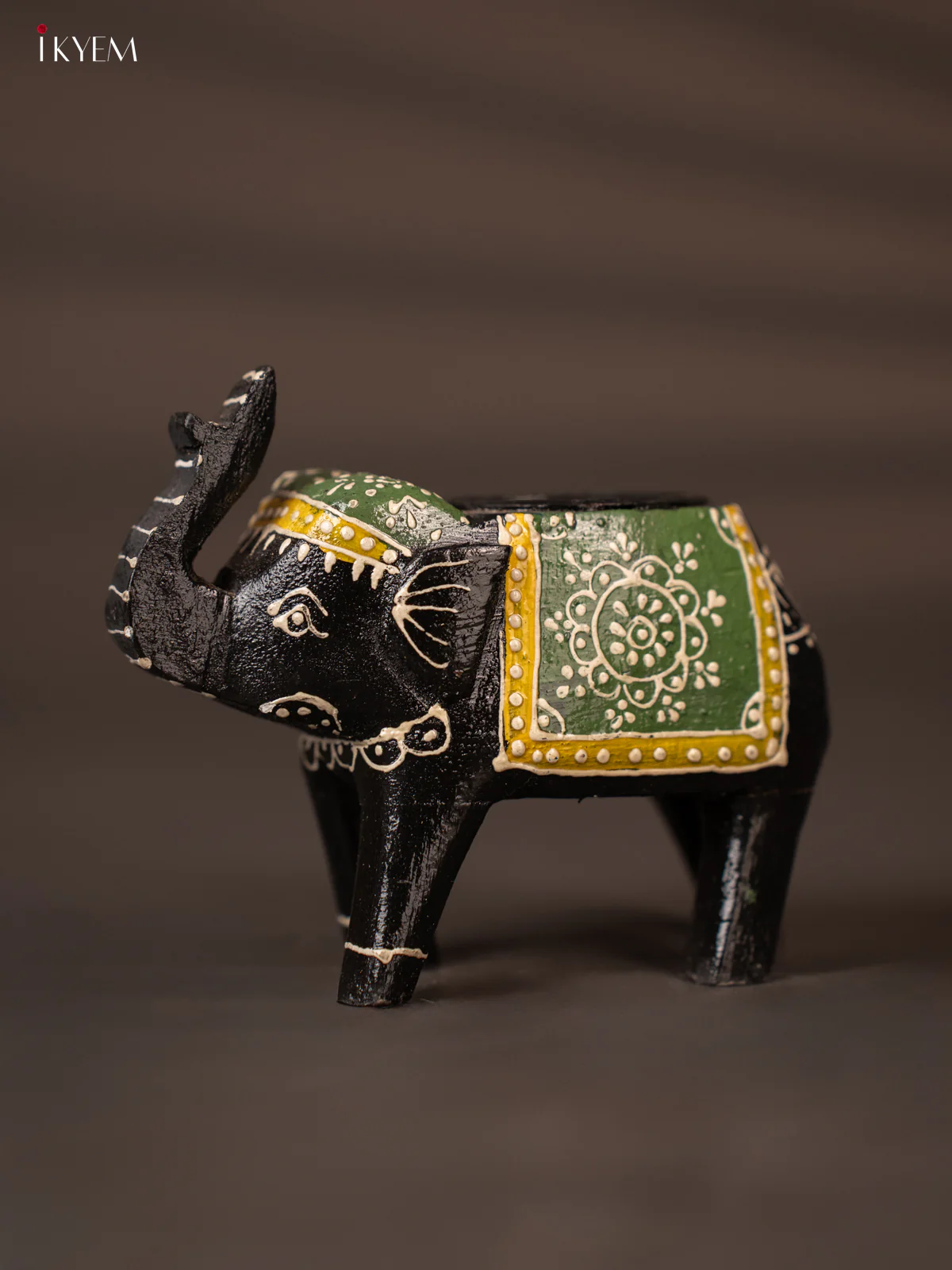 Black & Green Hand Painted Wooden Elephant Shaped Candle Holder - KH02121 - Image 2