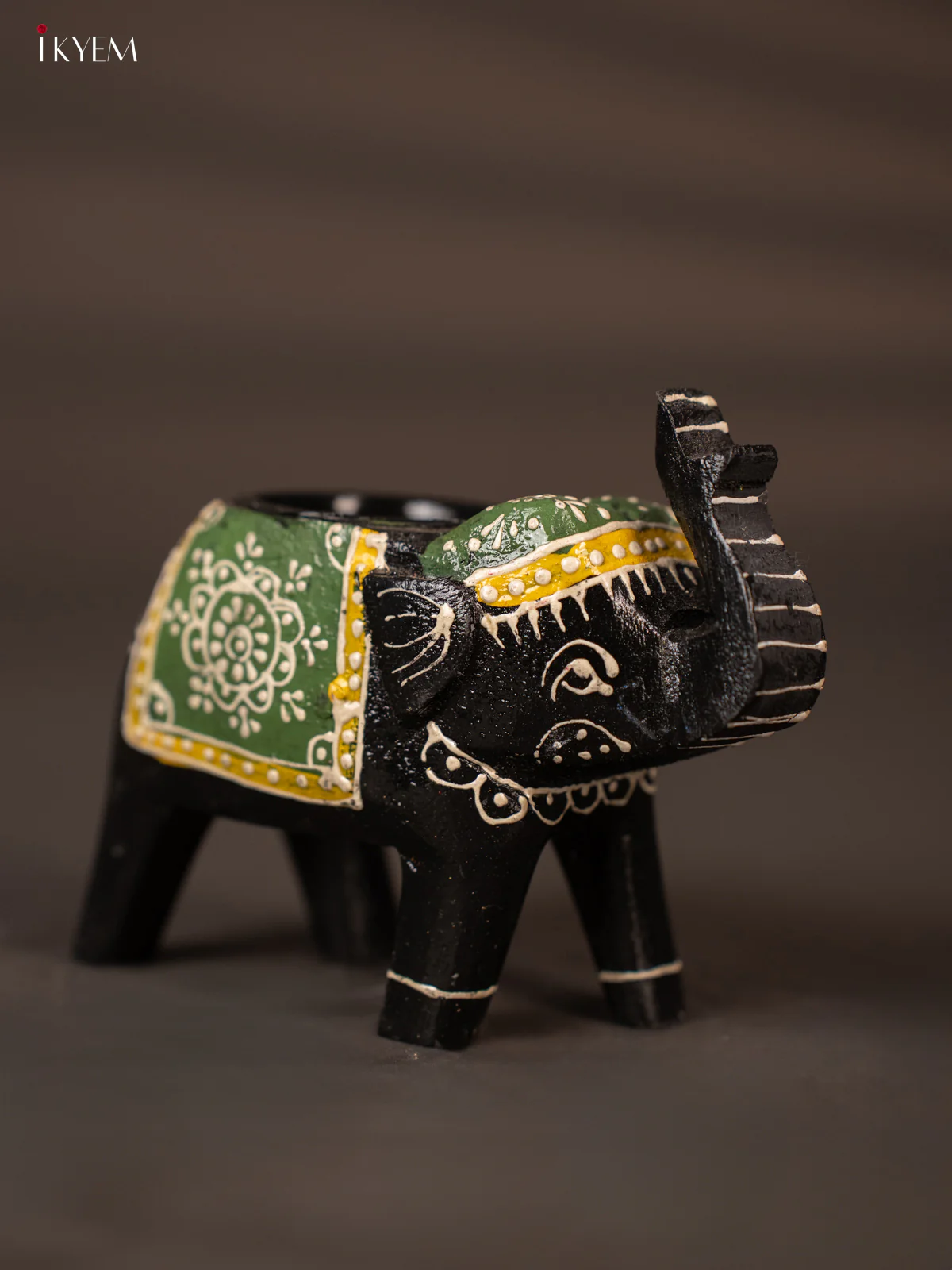 Black & Green Hand Painted Wooden Elephant Shaped Candle Holder - KH02121 - Image 4