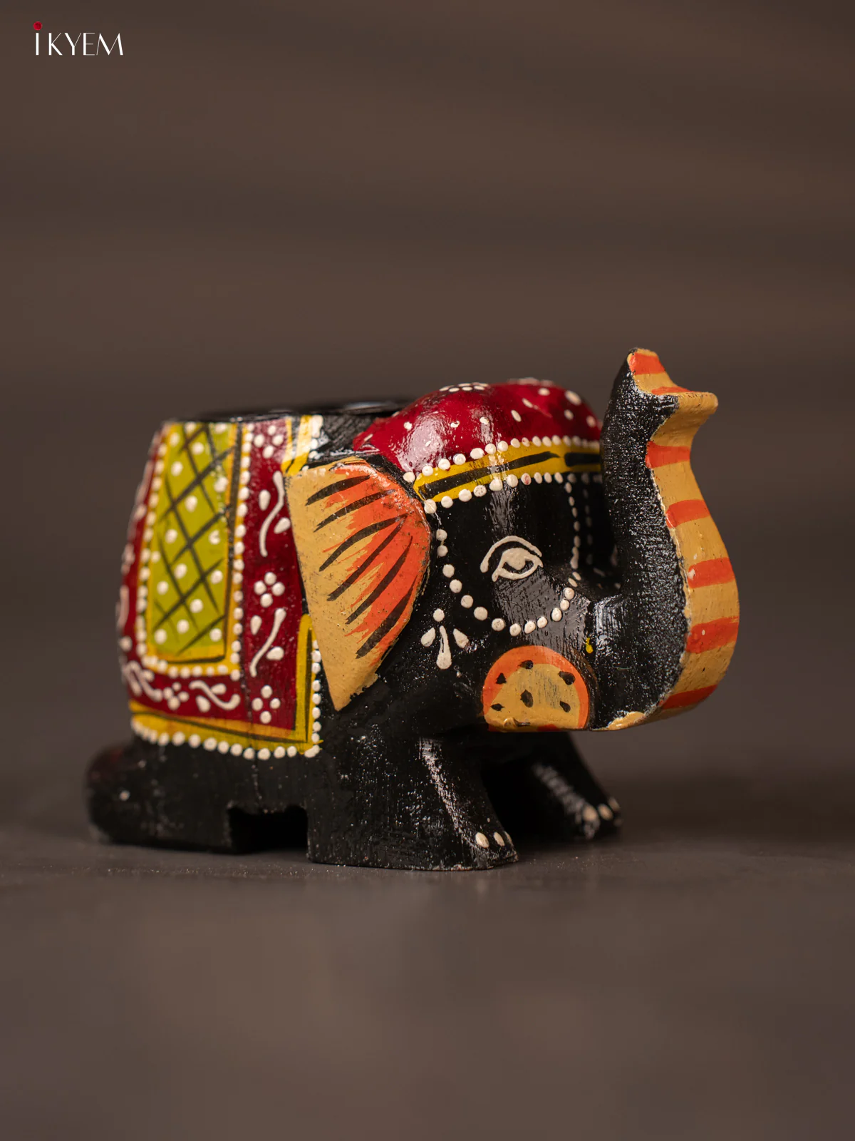 Cute Black & Maroon Hand Painted Wooden Elephant Shaped Candle Holder - KH02117