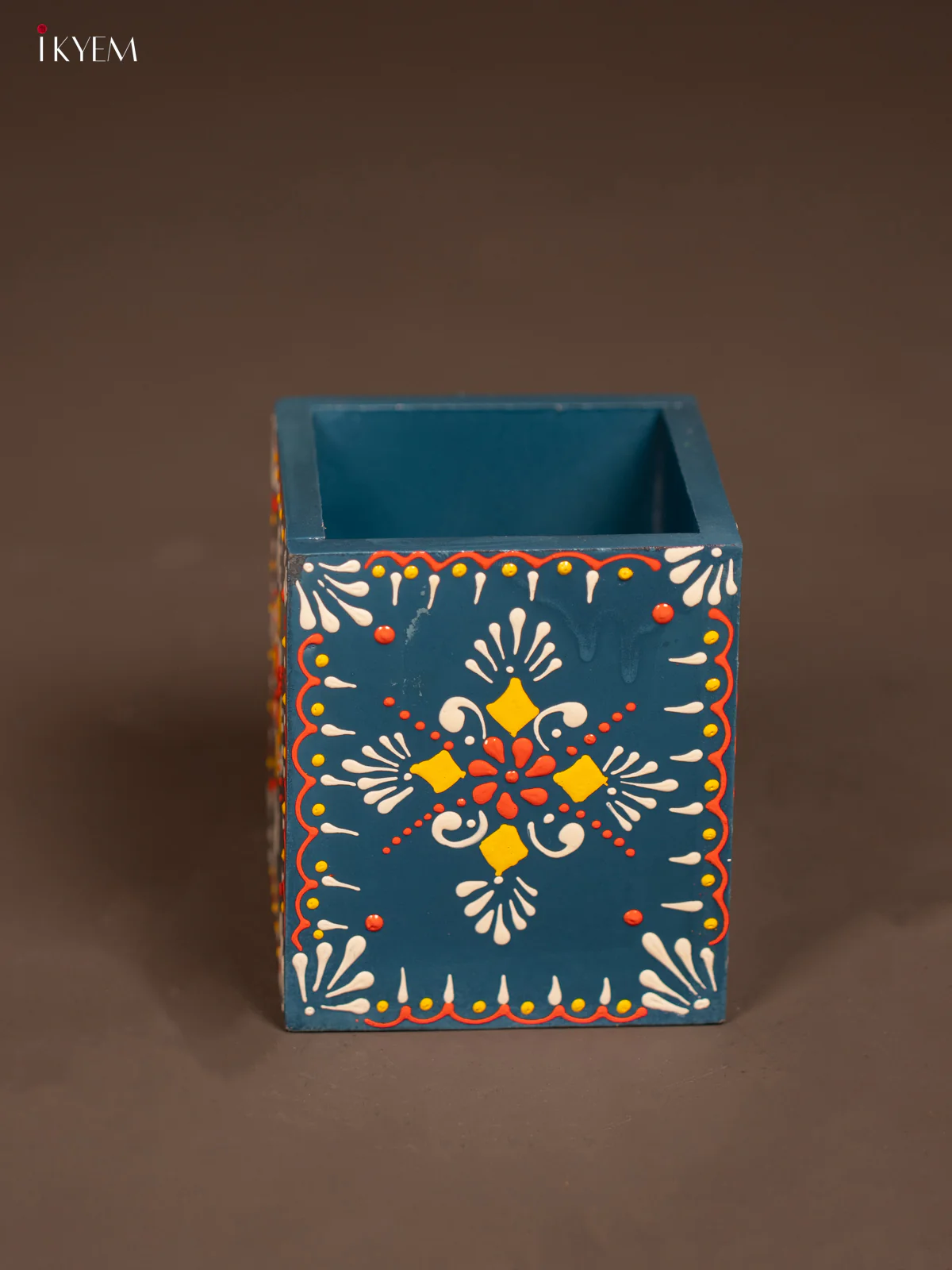 Vibrant Blue Wooden Hand Painted Pen Stand - KF07137
