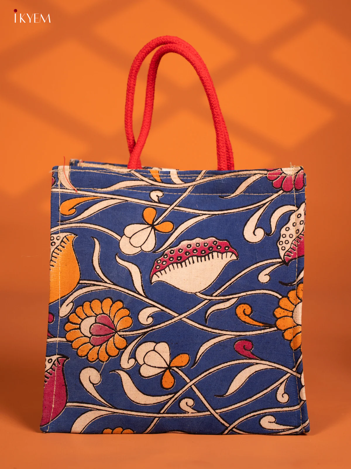 Handcrafted, Eco-Friendly Blue Kalamkari Jute Bag - KF13113