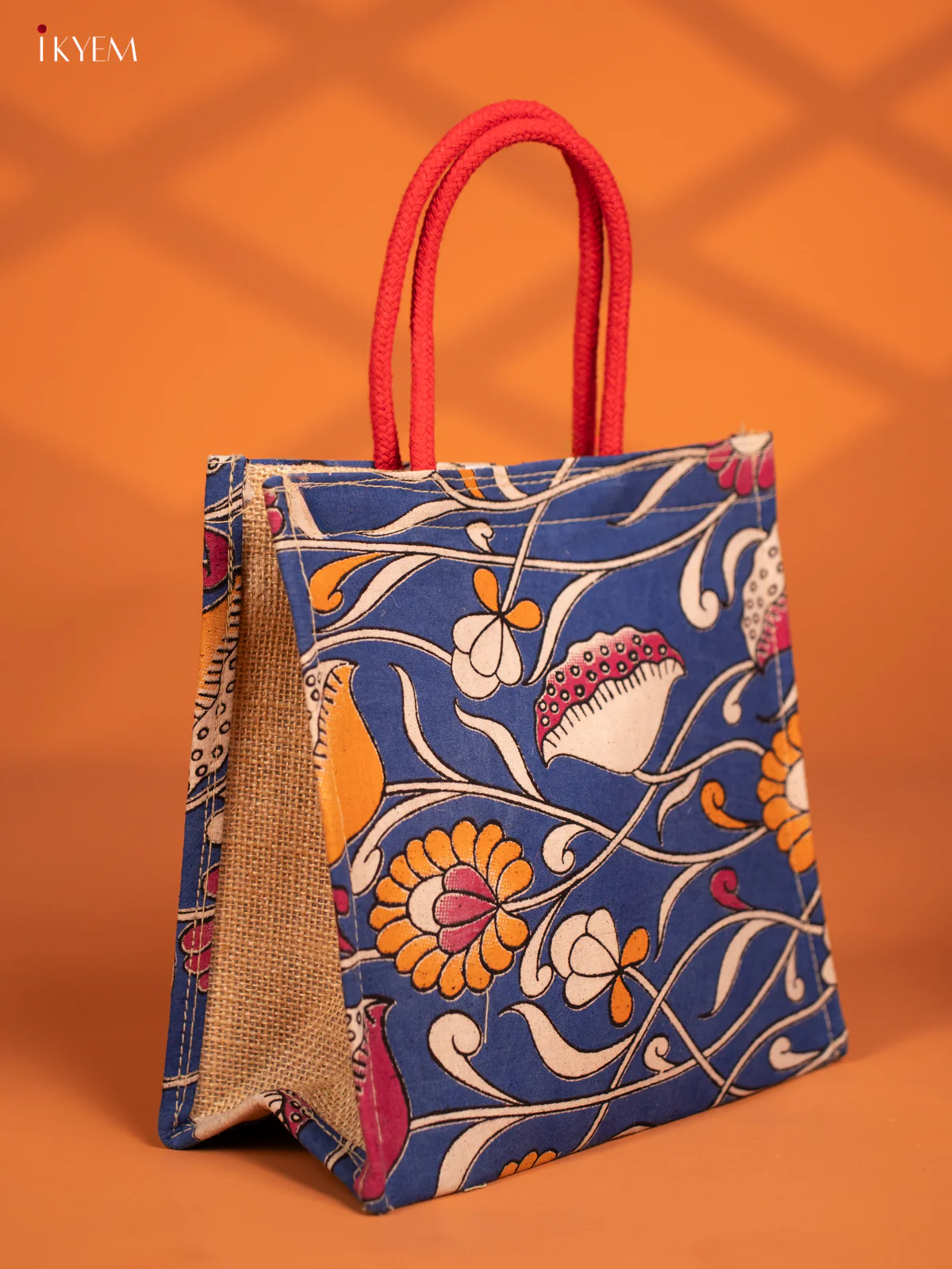 Handcrafted, Eco-Friendly Blue Kalamkari Jute Bag - KF13113 - Image 2