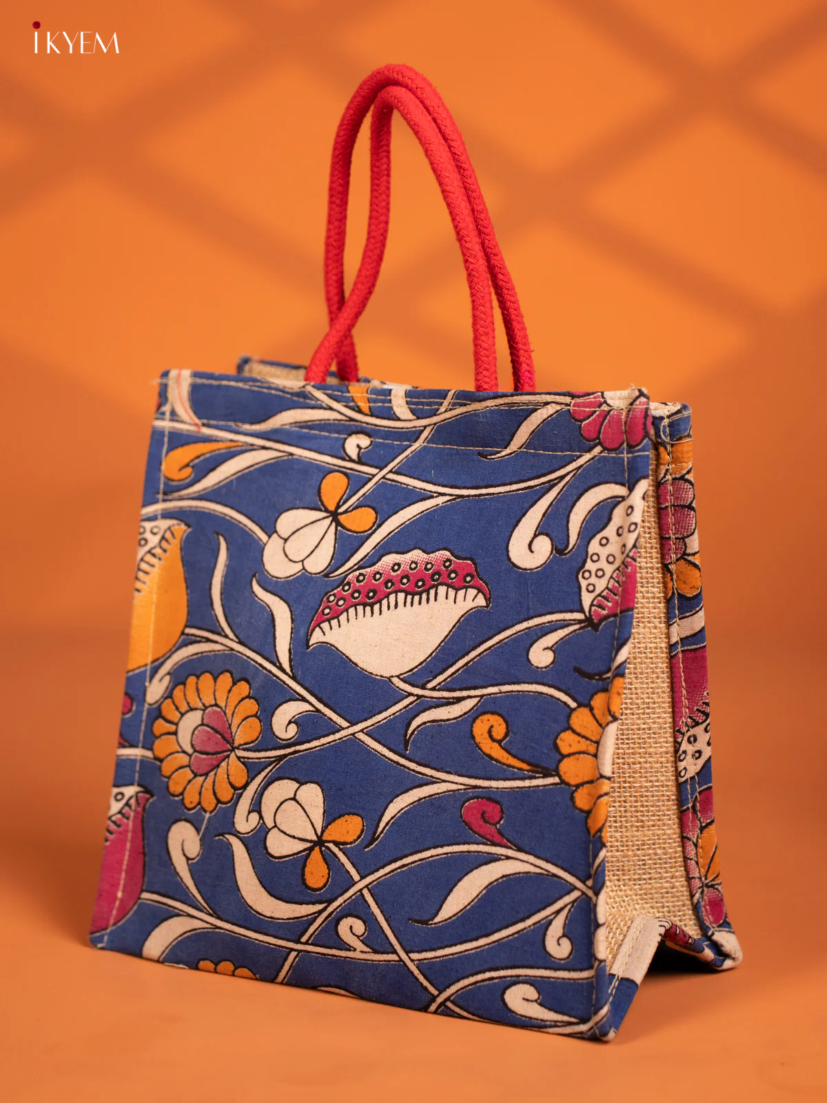 Handcrafted, Eco-Friendly Blue Kalamkari Jute Bag - KF13113 - Image 3