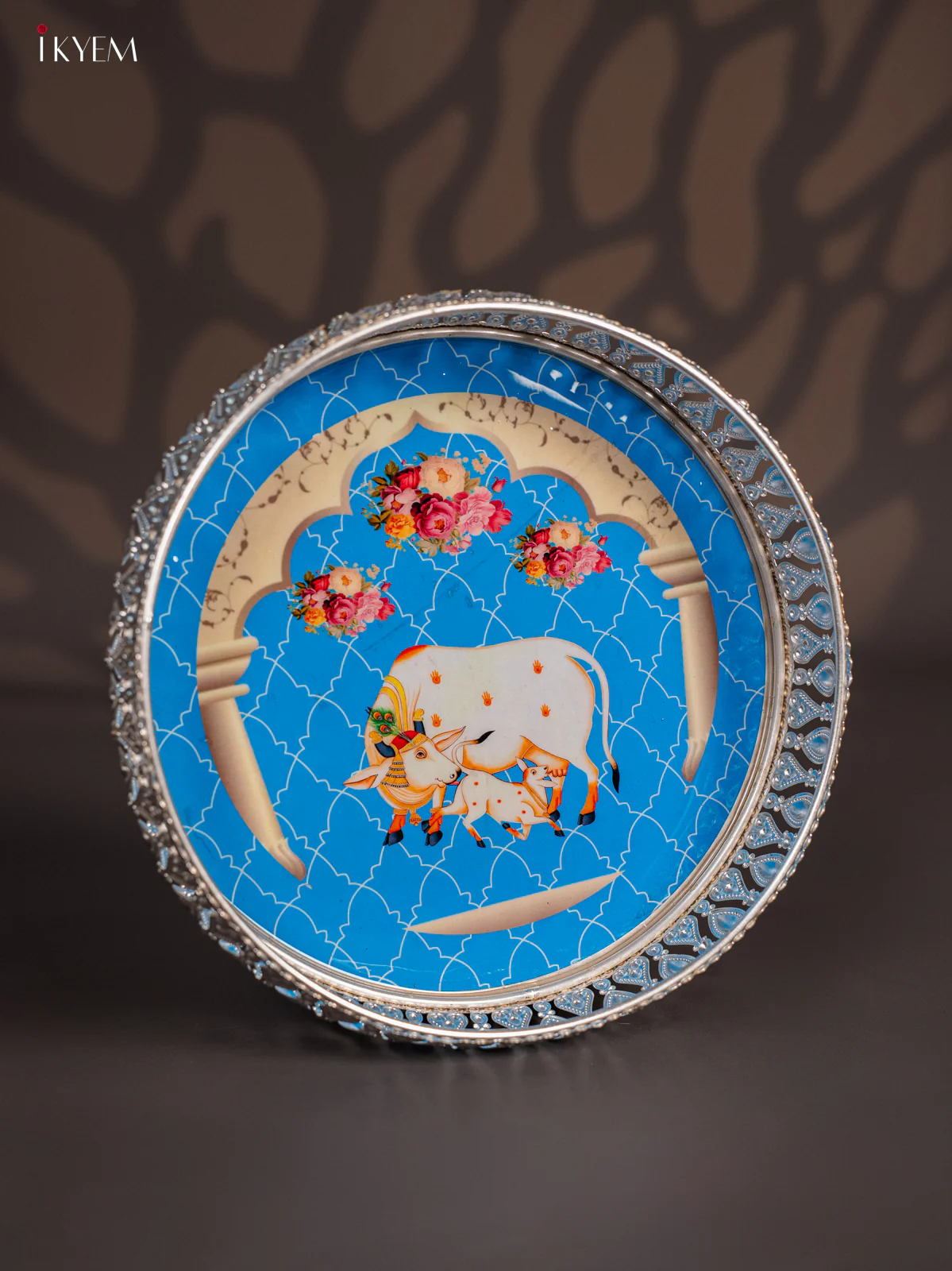Breezy Pichwai Cow & Calf Printed Blue German Silver Tray (8 Inch) - KI10122 - Image 2