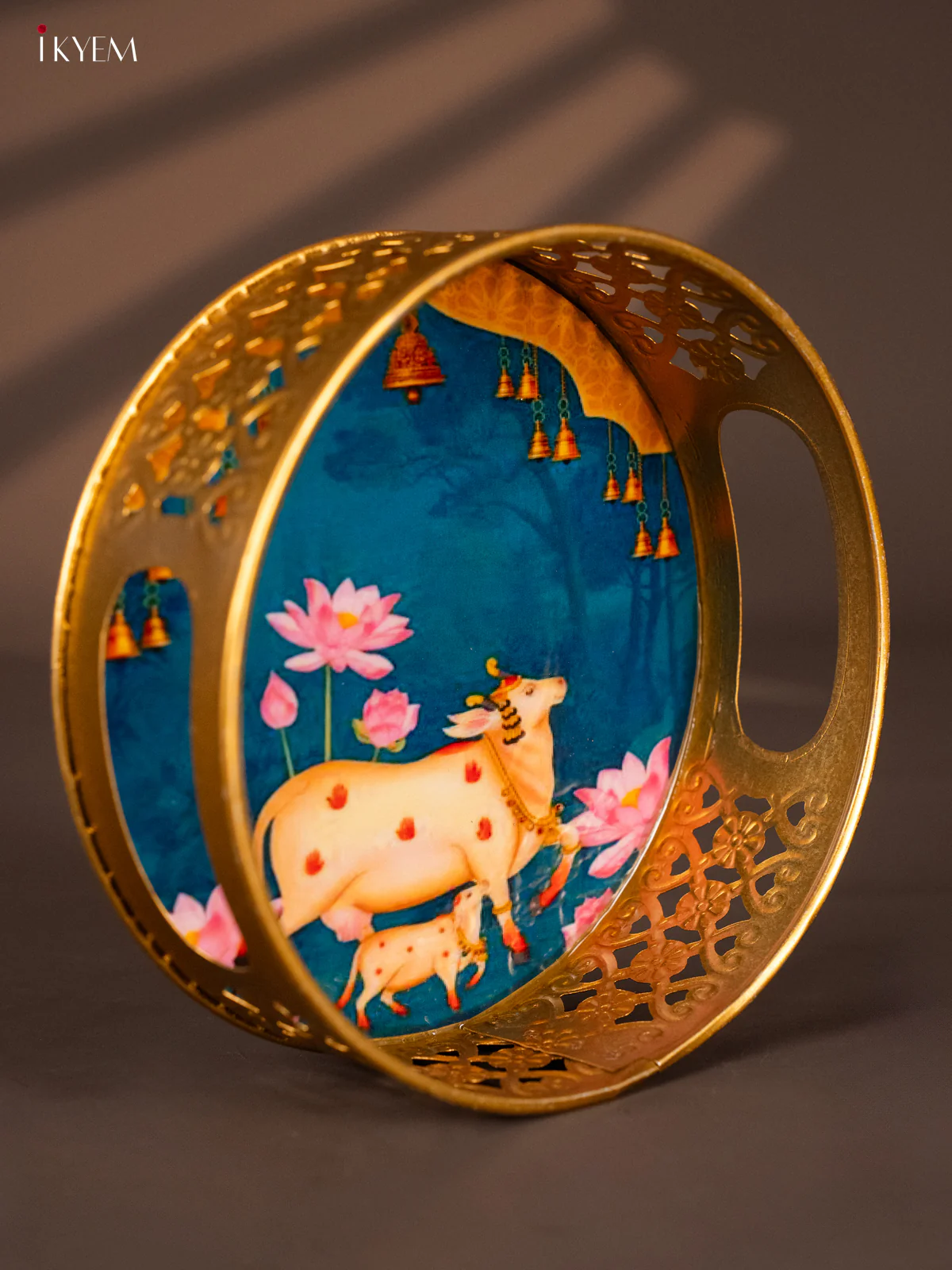 Blue Decorative Round Tray with Cow & Calf Digital Print  - KH22127 - Image 2