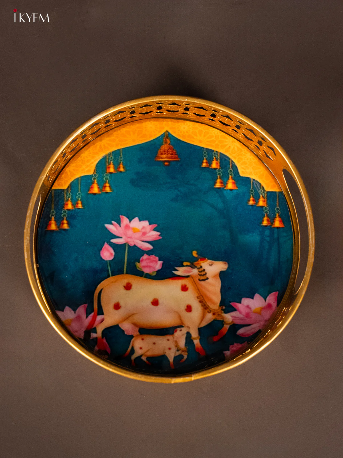 Blue Decorative Round Tray with Cow & Calf Digital Print  - KH22127 - Image 3
