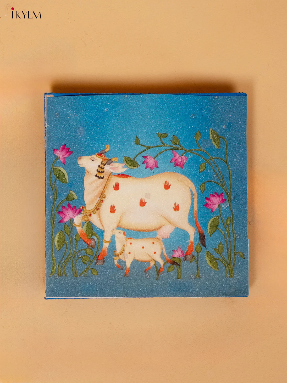 Elegant Blue Pichwai Cow & Calf Wooden Chowki - KC20116