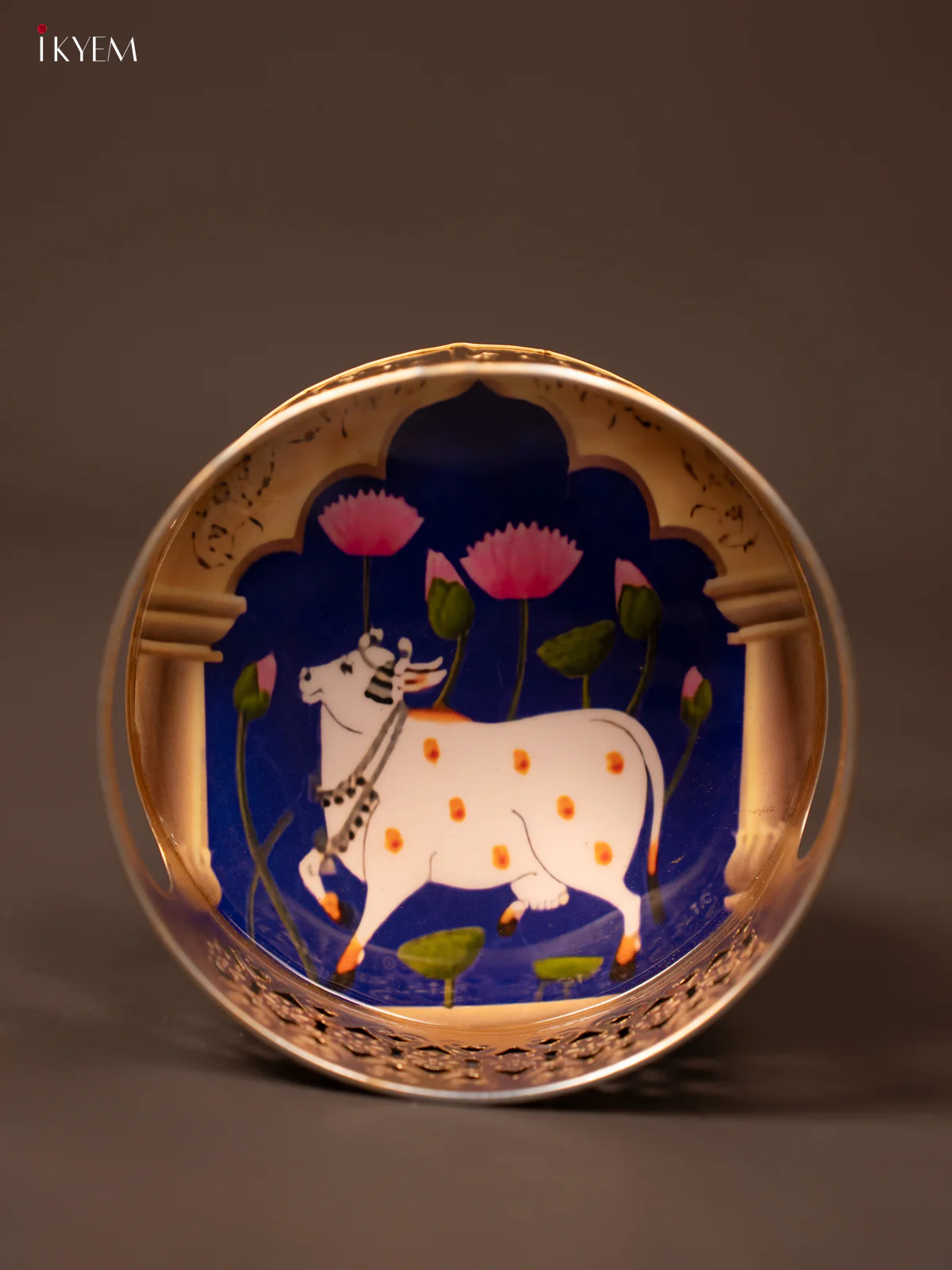 Blue Pichwai Printed Round Metal Tray With Cow & Flowers - KF19118