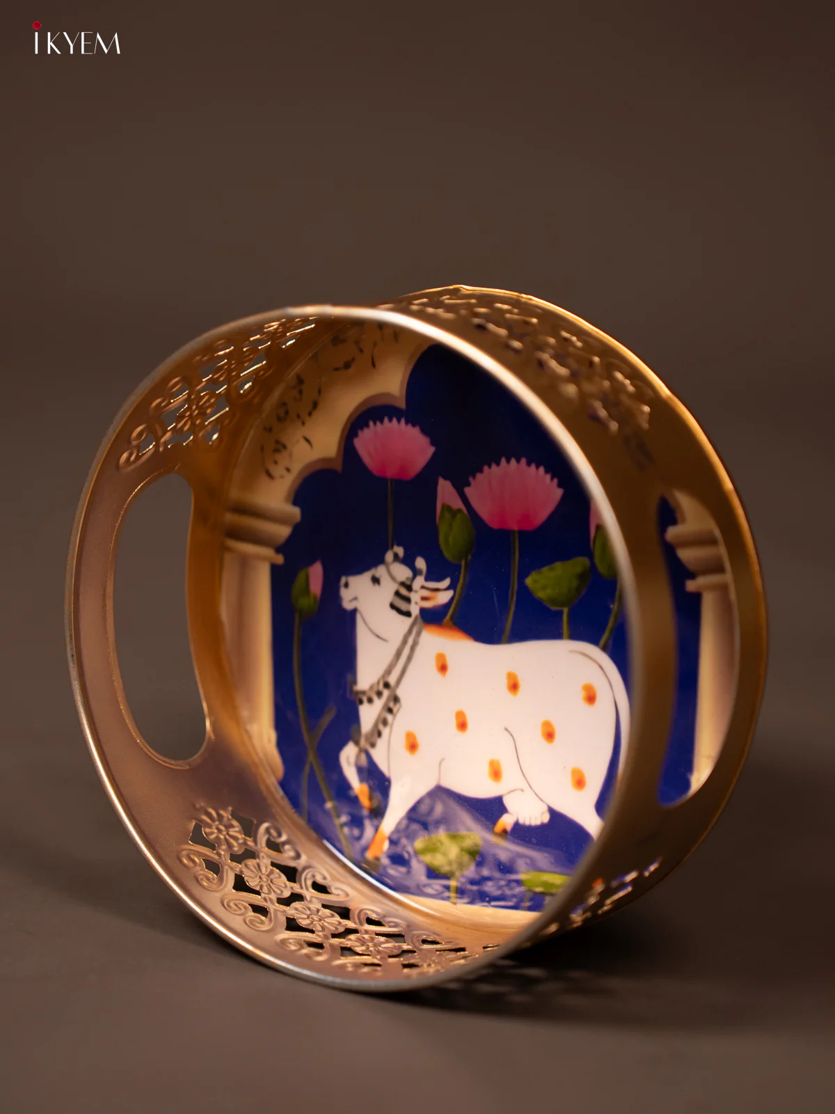 Blue Pichwai Printed Round Metal Tray With Cow & Flowers - KF19118 - Image 2