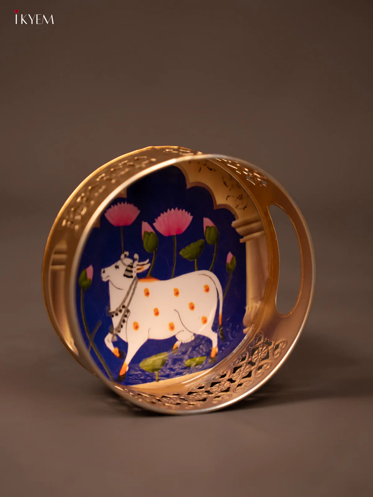 Blue Pichwai Printed Round Metal Tray With Cow & Flowers - KF19118 - Image 3