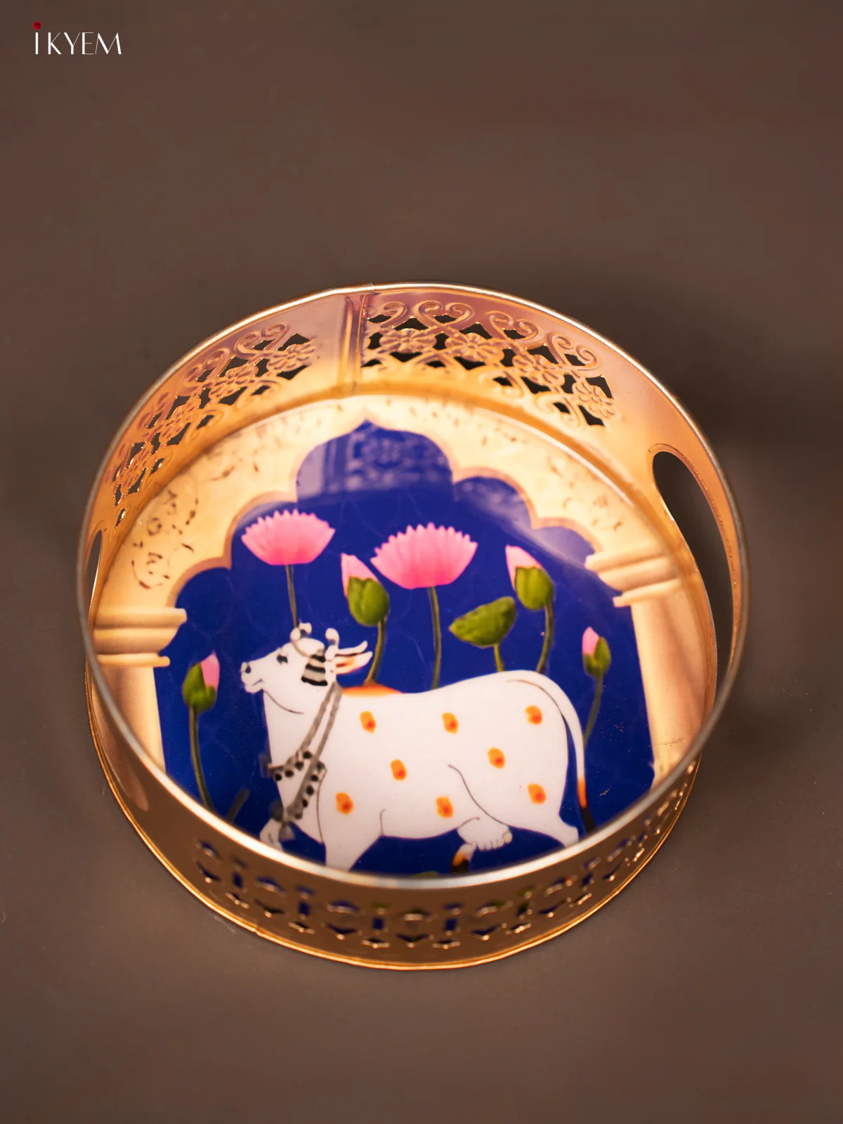 Blue Pichwai Printed Round Metal Tray With Cow & Flowers - KF19118 - Image 4