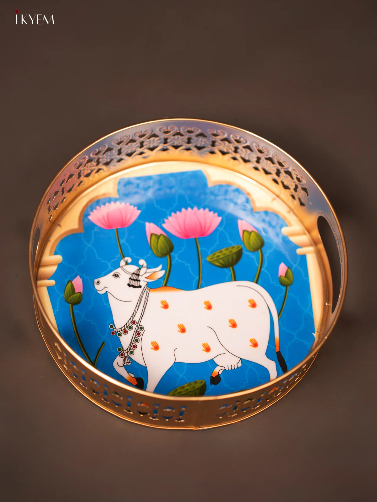Blue Pichwai Printed Round Metal Tray With Cow & Flowers - KF19132 - Image 4
