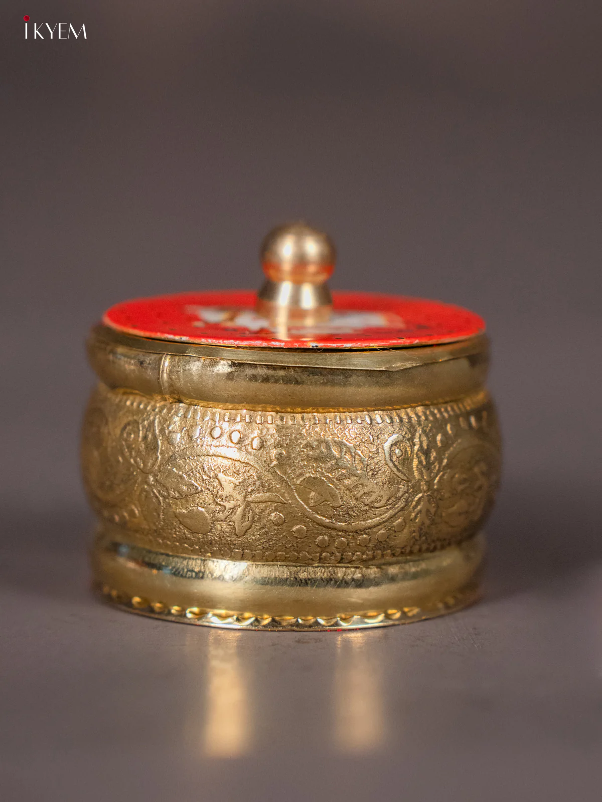 Artistic Brass coated Kumkum Holder with Red Colour Pichwai Printed Lid - KI01215