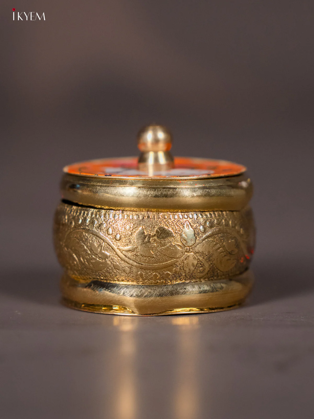 Regal Brass coated Kumkum Holder With Yellow Color Pichwai Printed Lid - KI01209 - Image 2