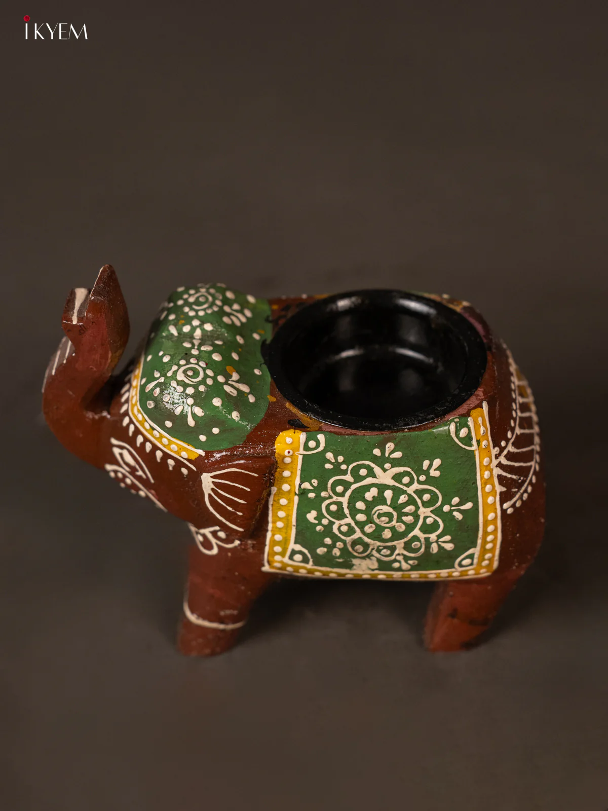 Elegant Brown & Green Hand Painted Wooden Elephant Shaped Candle Holder - KH02123 - Image 3