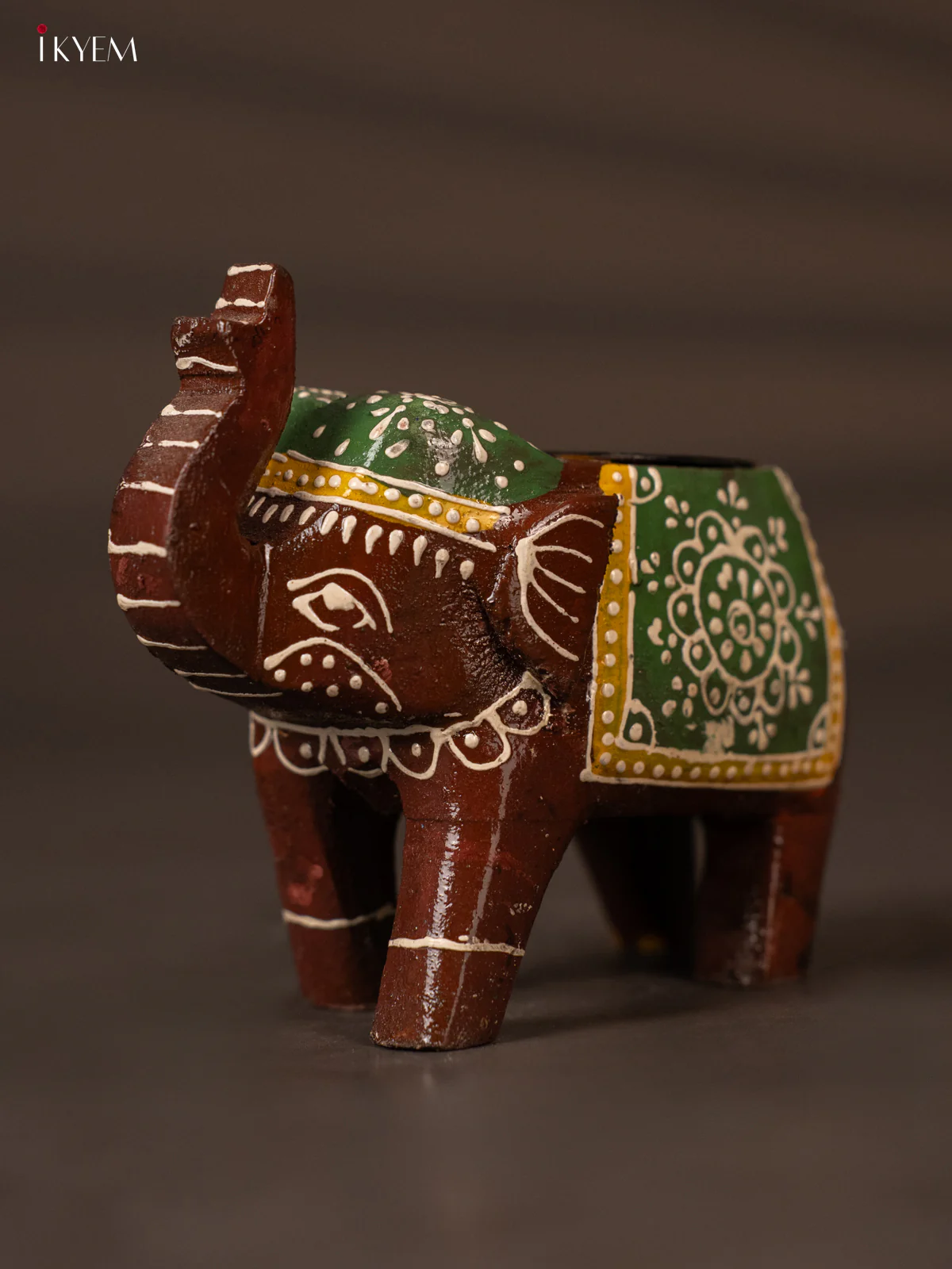 Elegant Brown & Green Hand Painted Wooden Elephant Shaped Candle Holder - KH02123 - Image 4