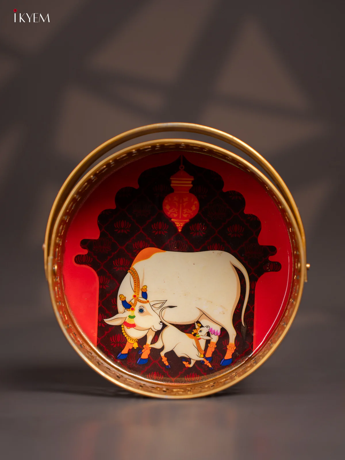Brown & Red Metal Flower Basket with Pichwai Cow & calf Print - KI07186 - Image 2