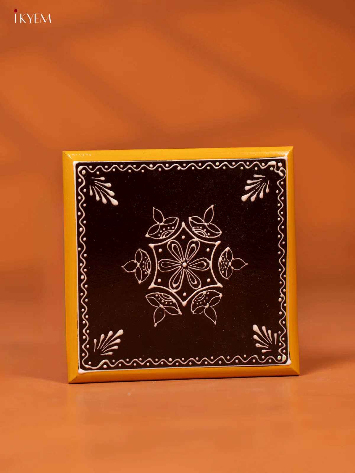 Hand-Painted Brown Wooden Manai with Traditional Kolam Design- KE27112 - Image 2