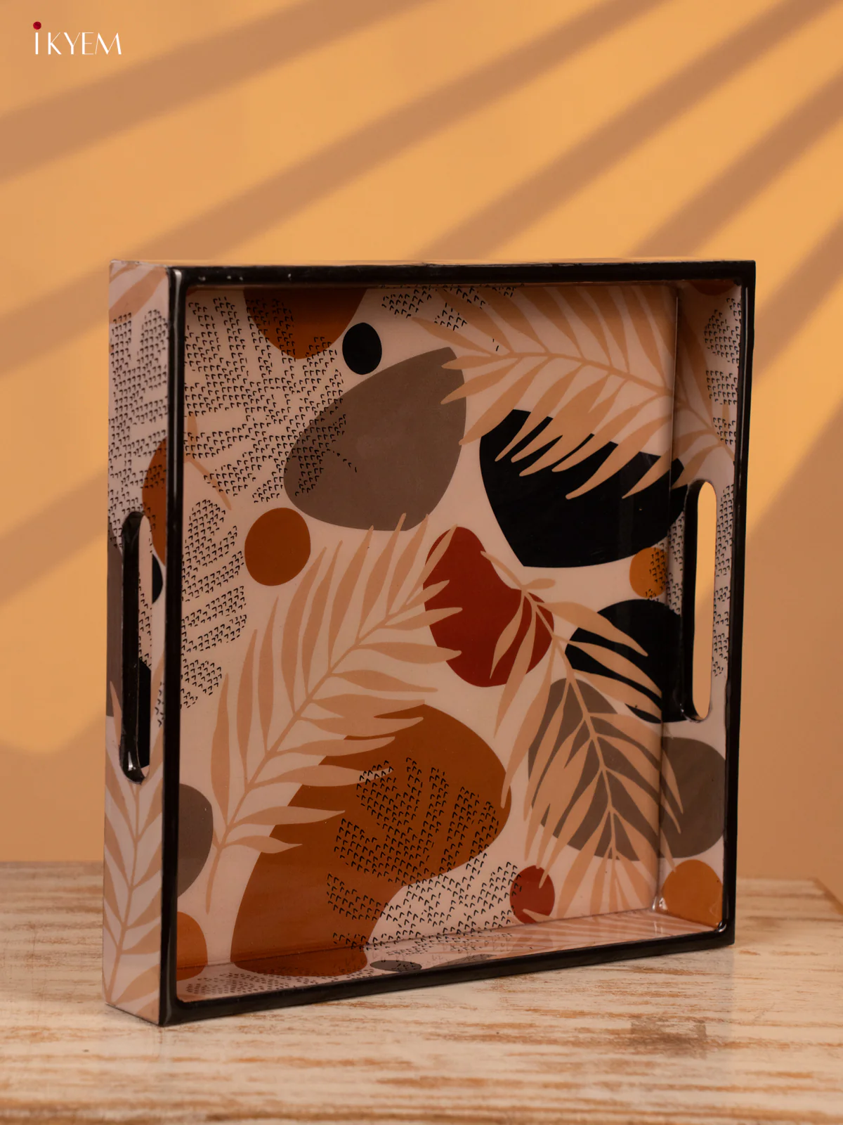 Brown Leaf Printed Square Wooden Tray (10x10) - KL03117