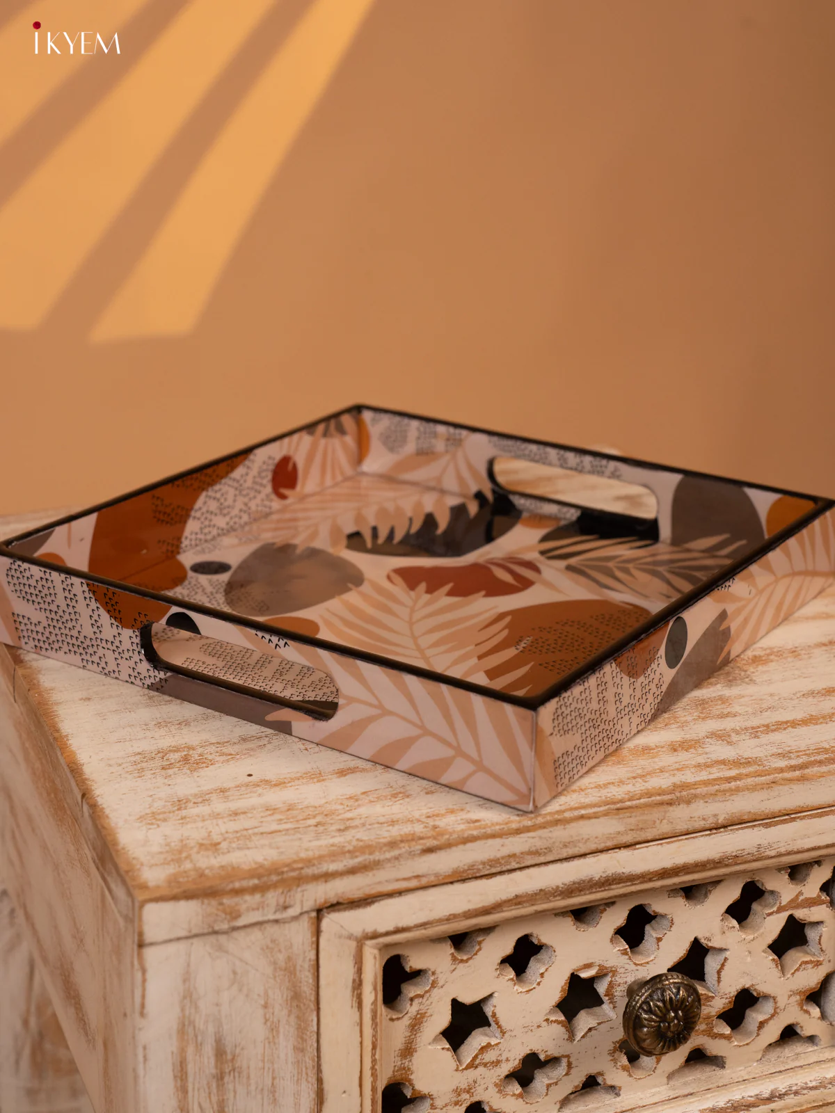 Brown Leaf Printed Square Wooden Tray (10x10) - KL03117 - Image 2