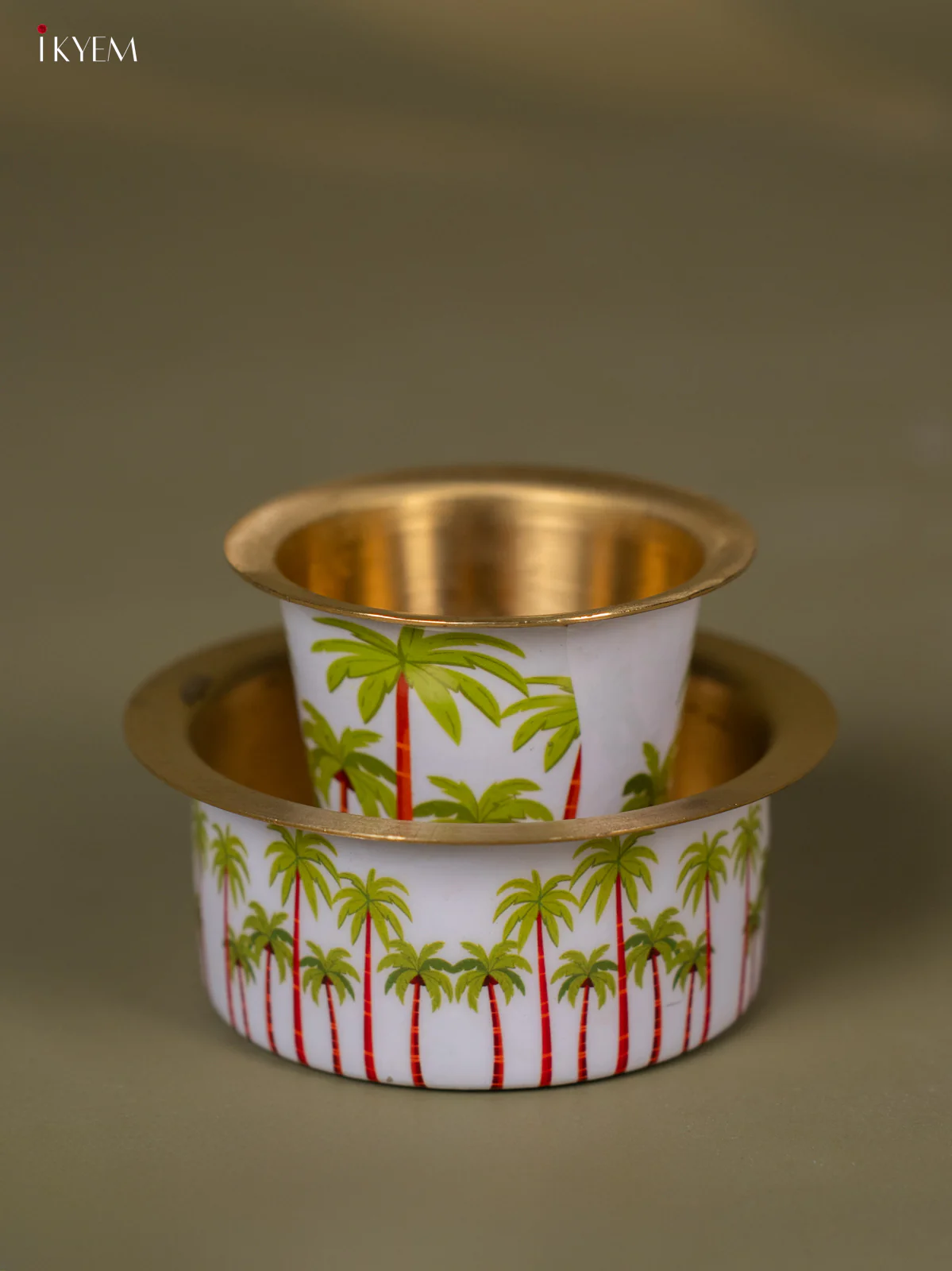 Coconut Tree Digital Printed Brass Coffee Dabara Set - 3 Inches - KH22118