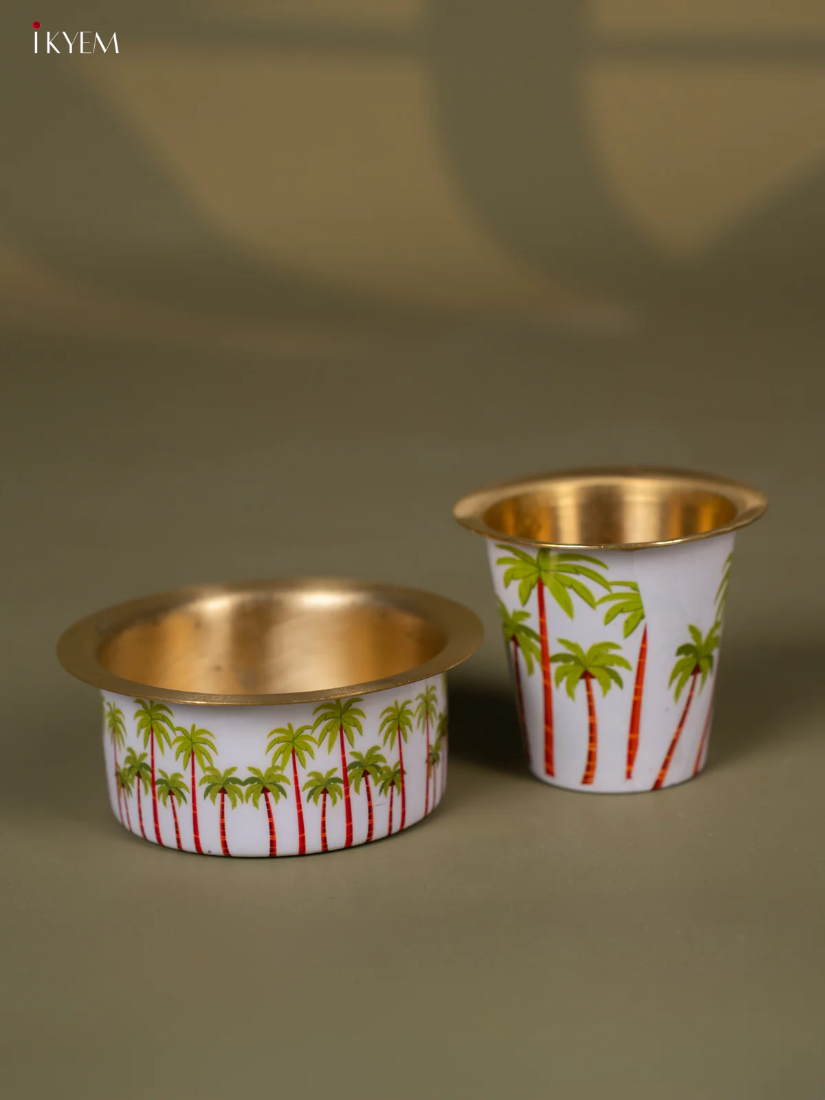 Coconut Tree Digital Printed Brass Coffee Dabara Set - 3 Inches - KH22118 - Image 2