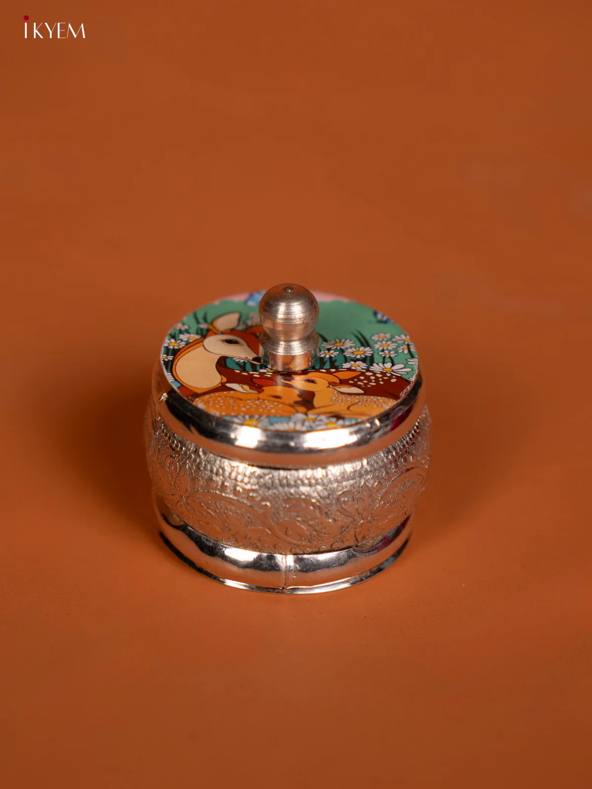 Deer Design Printed German Silver Kumkum Holder - KF10235