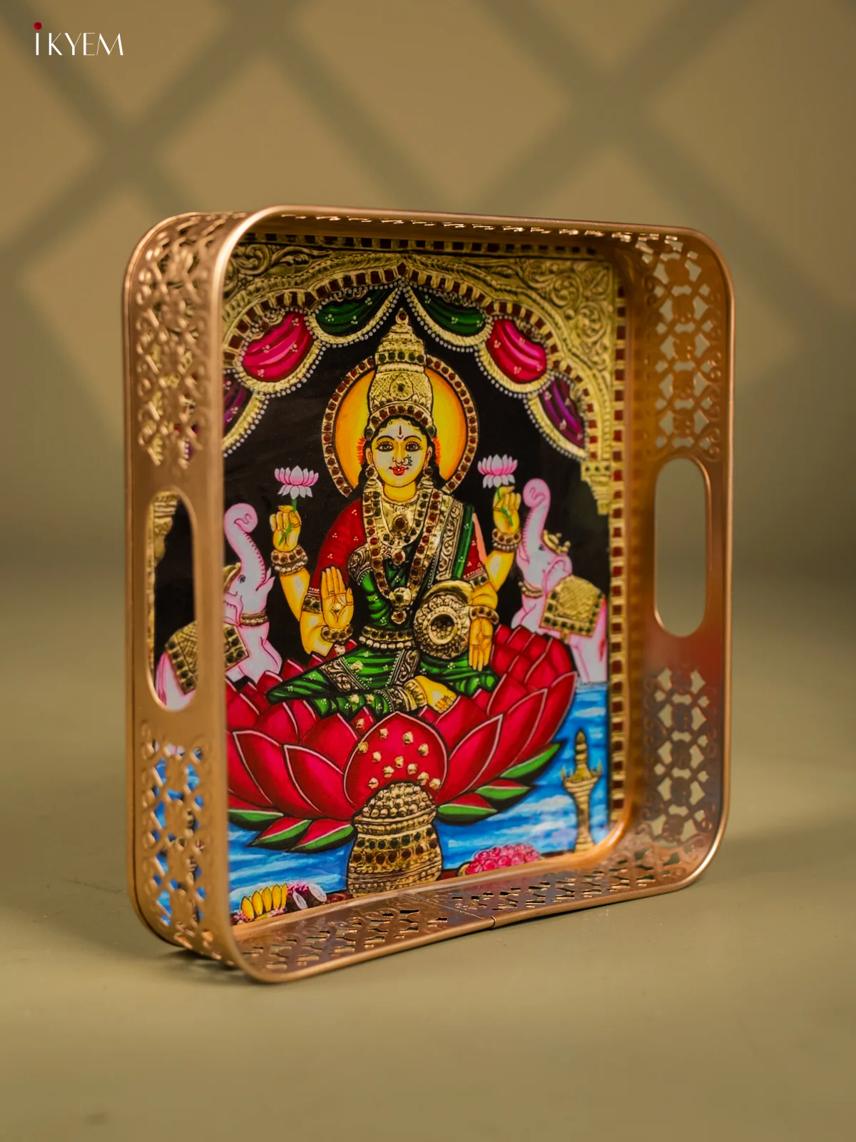 Godess Gajalakshmi Printed Square Metal Tray with Twin Elephants - KF25144 - Image 2