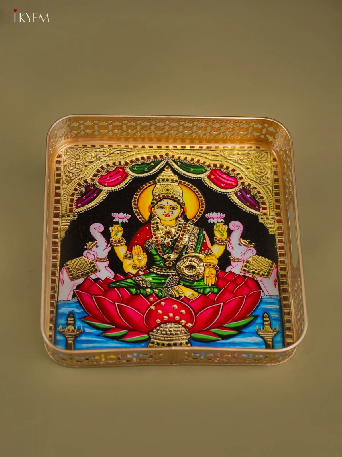 Godess Gajalakshmi Printed Square Metal Tray with Twin Elephants - KF25144 - Image 4