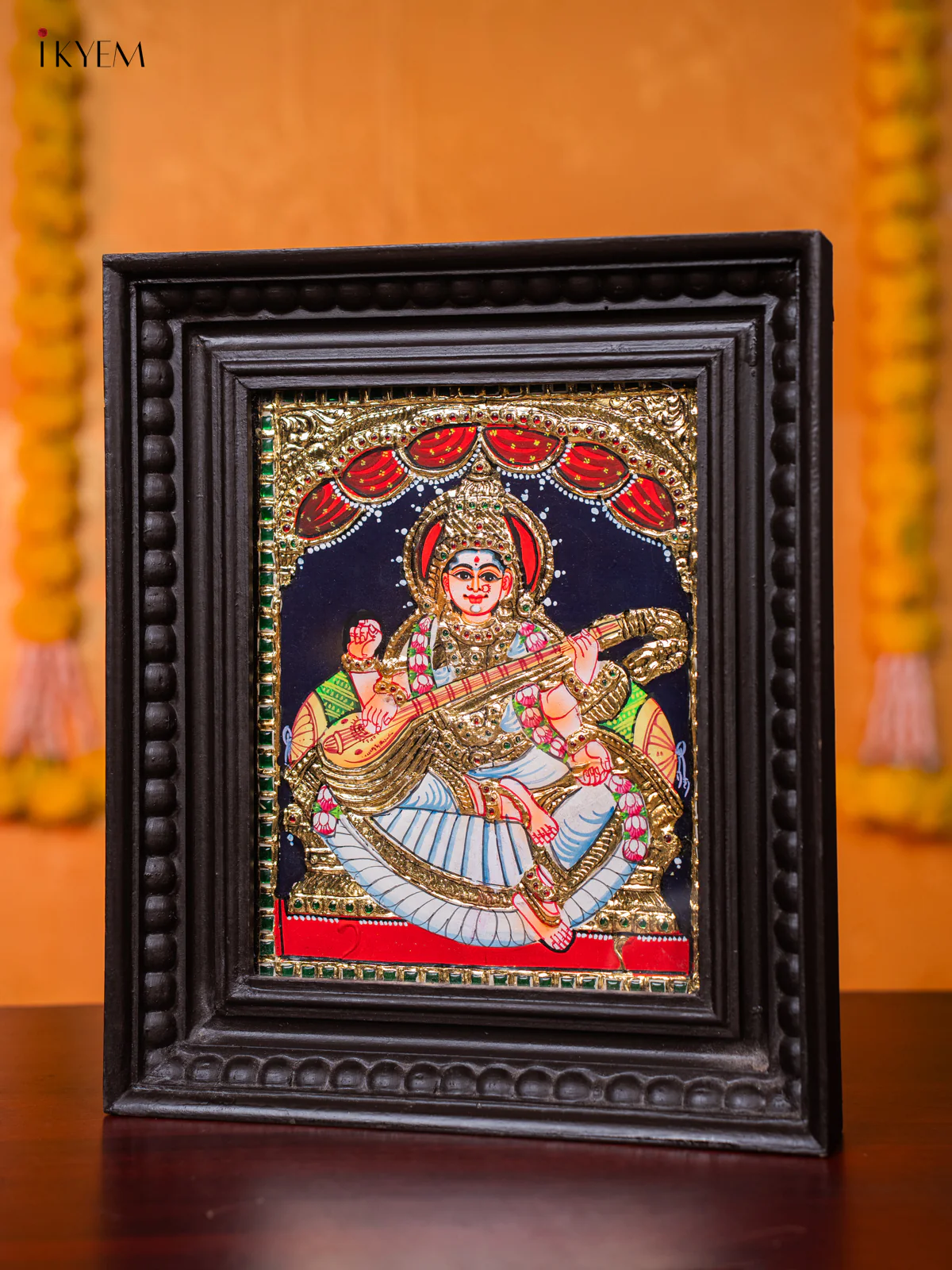Beautiful Goddess Saraswathi Thanjavur painting (13*11 inches) - KJ03137 - Image 2