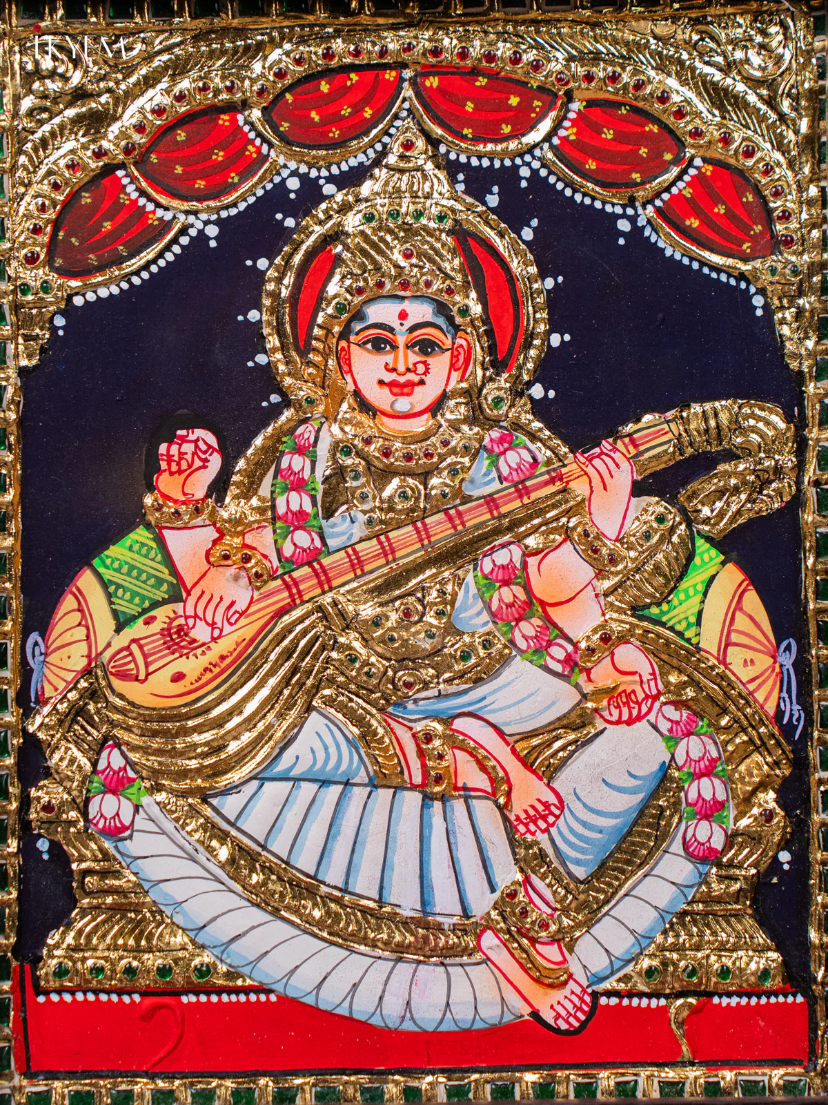 Beautiful Goddess Saraswathi Thanjavur painting (13*11 inches) - KJ03137 - Image 3