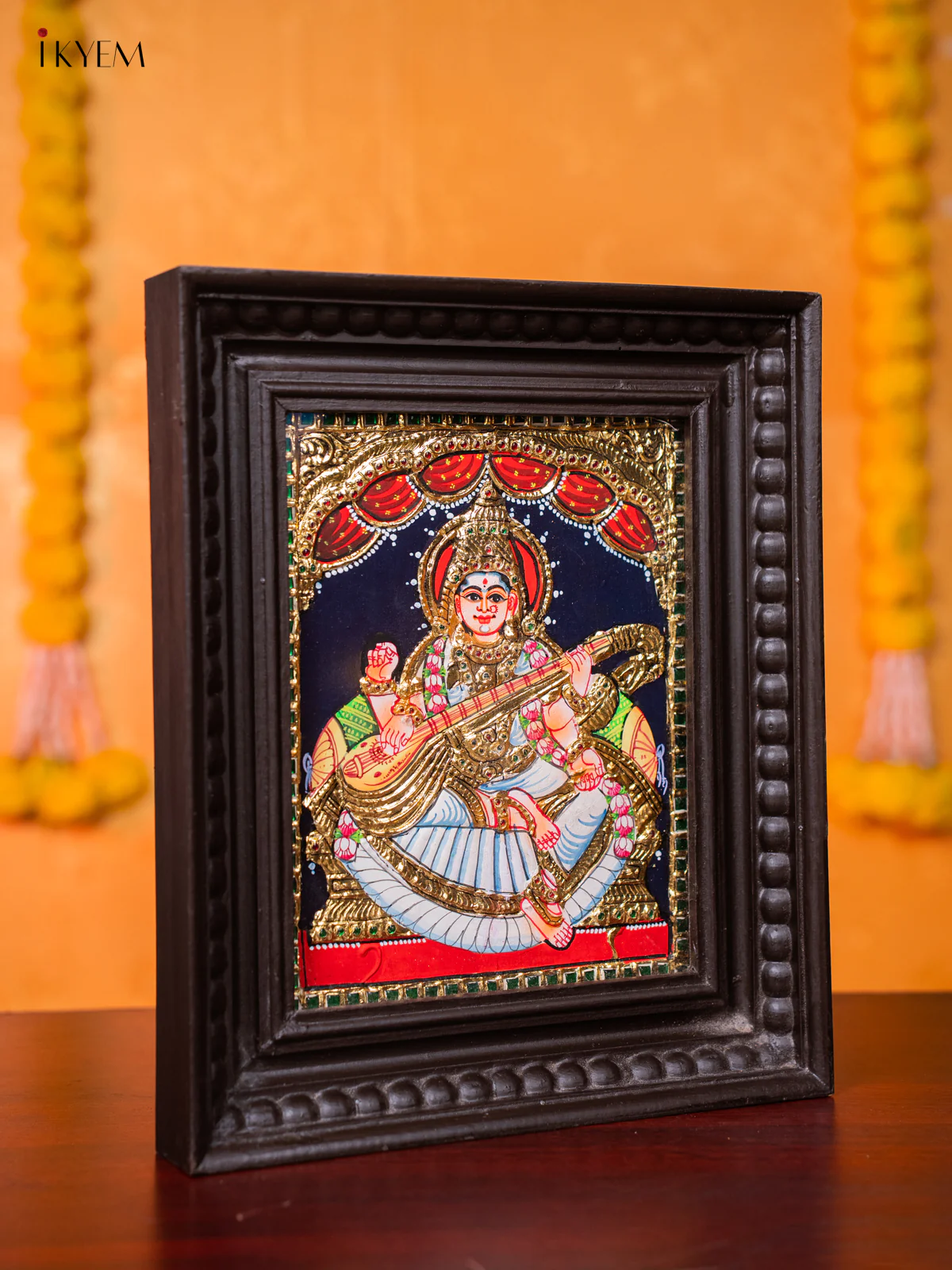 Beautiful Goddess Saraswathi Thanjavur painting (13*11 inches) - KJ03137 - Image 4