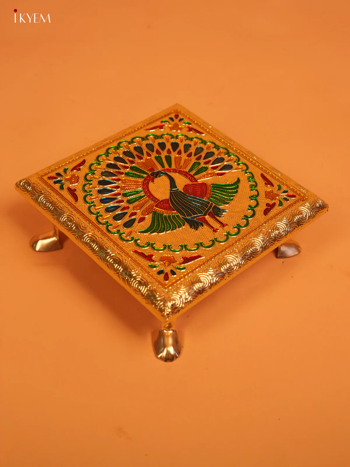Golden Wooden Bajot With Meenakari Peacock Design - KL31126