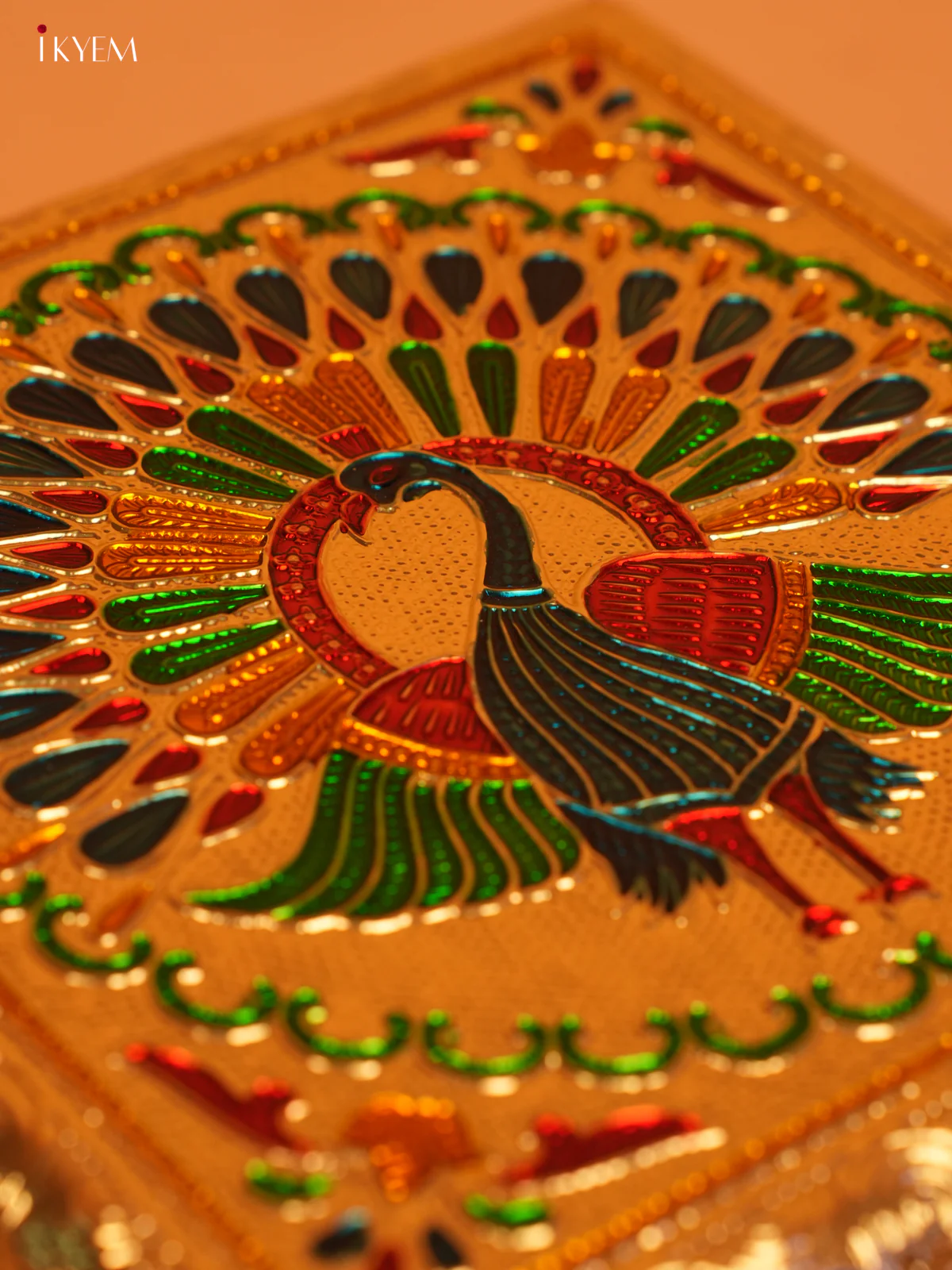 Golden Wooden Bajot With Meenakari Peacock Design - KL31126 - Image 3