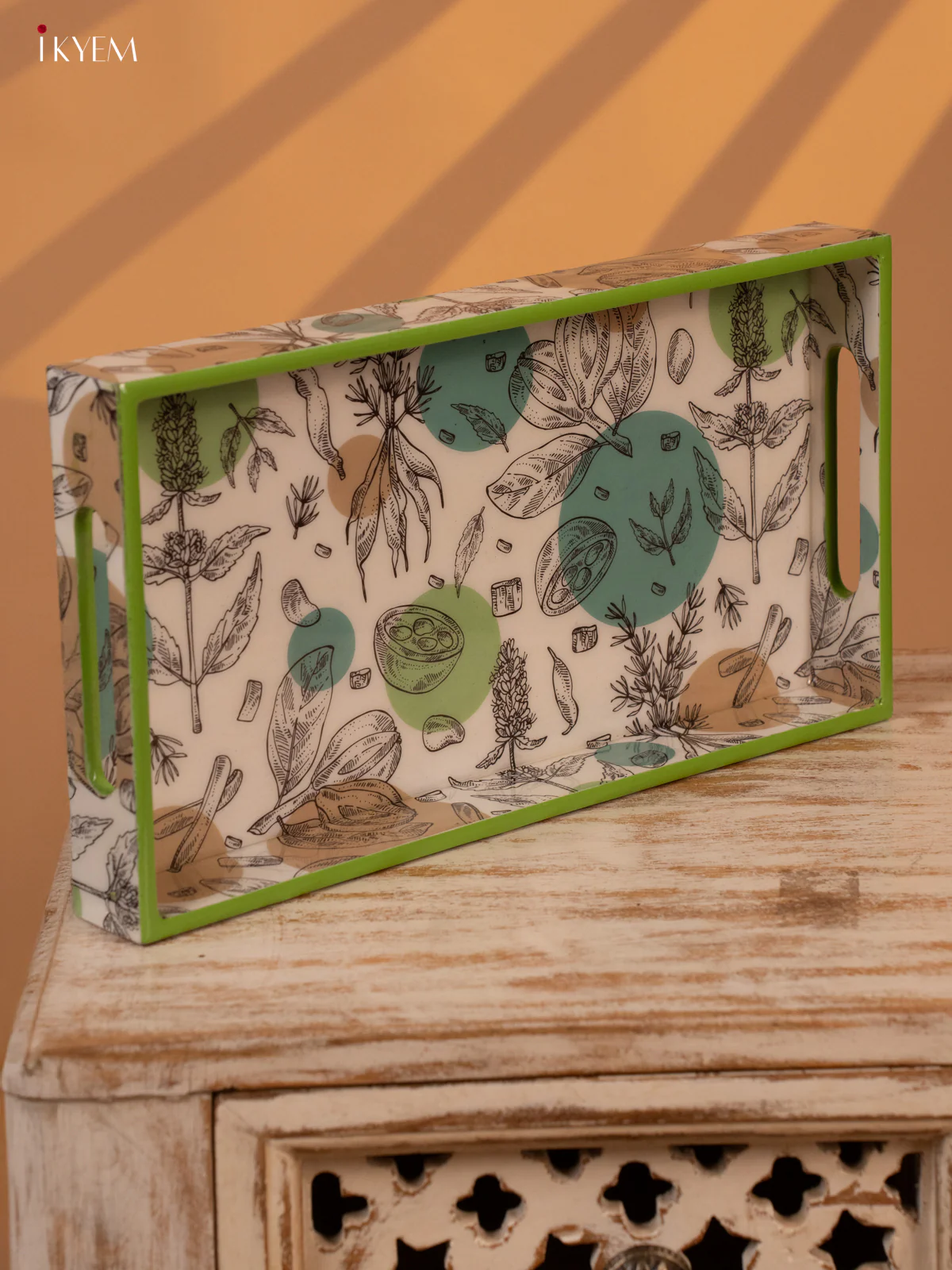 Botanical Print Wooden Tray with Green Frame (13x7) - KL03125