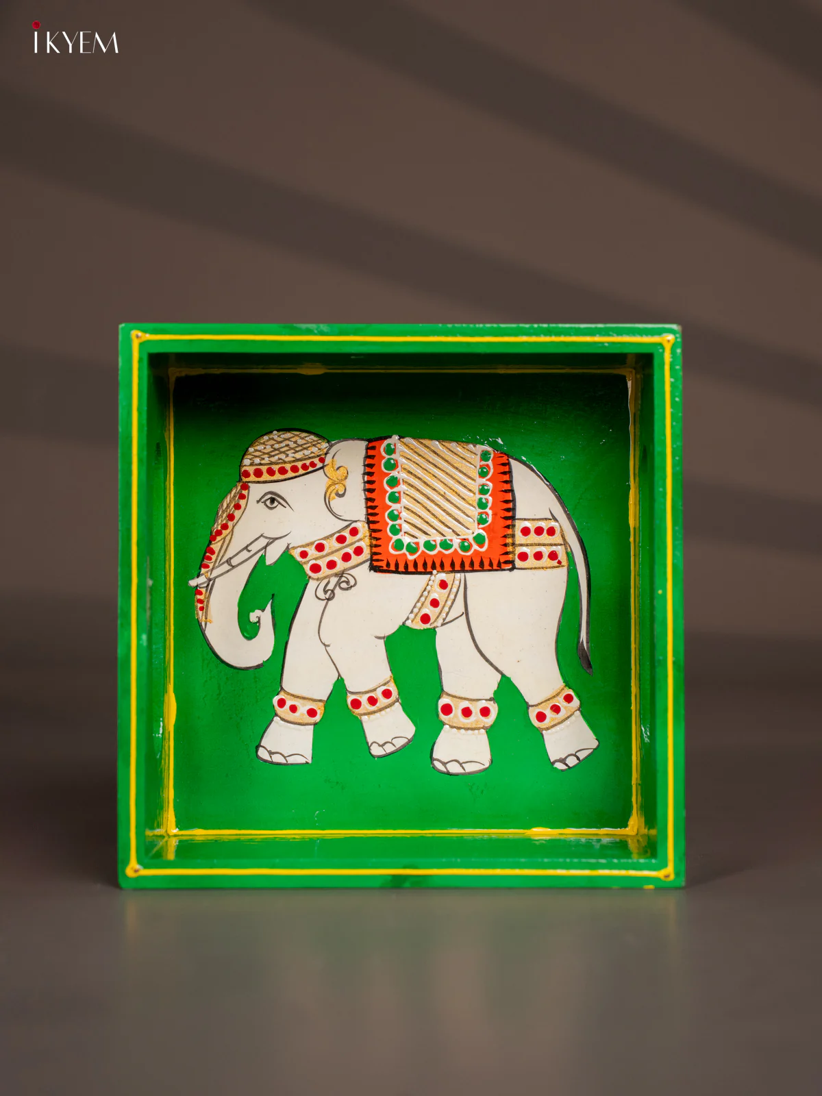 Elephant Hand-Painted Square Wooden Tray - Green - (6x6) Inch - KH08117