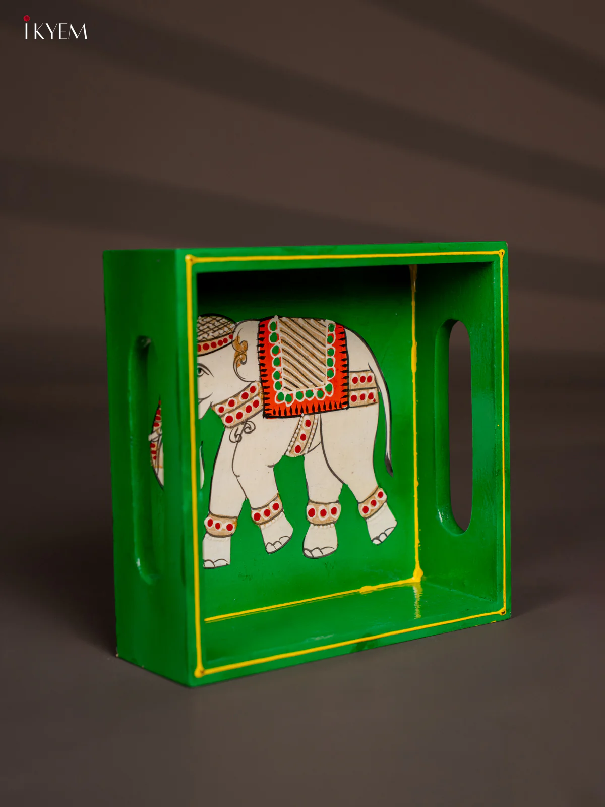 Elephant Hand-Painted Square Wooden Tray - Green - (6x6) Inch - KH08117 - Image 2