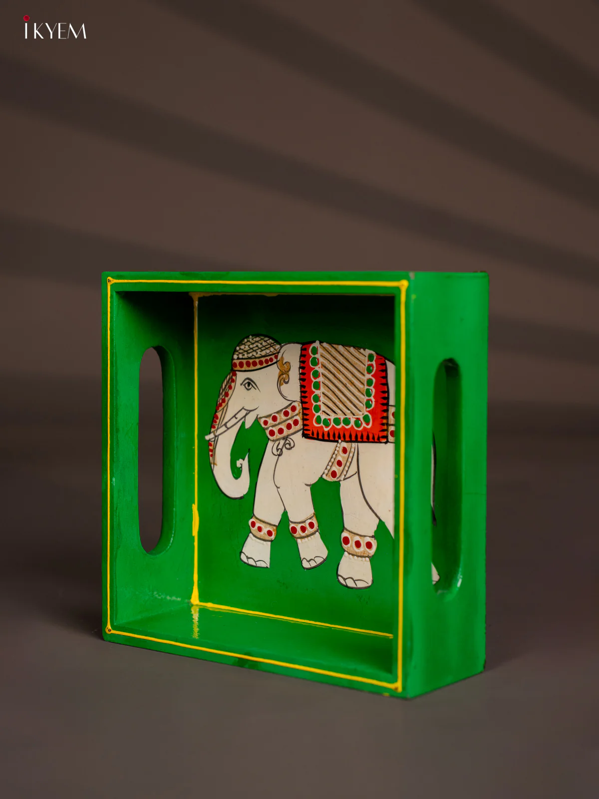 Elephant Hand-Painted Square Wooden Tray - Green - (6x6) Inch - KH08117 - Image 3