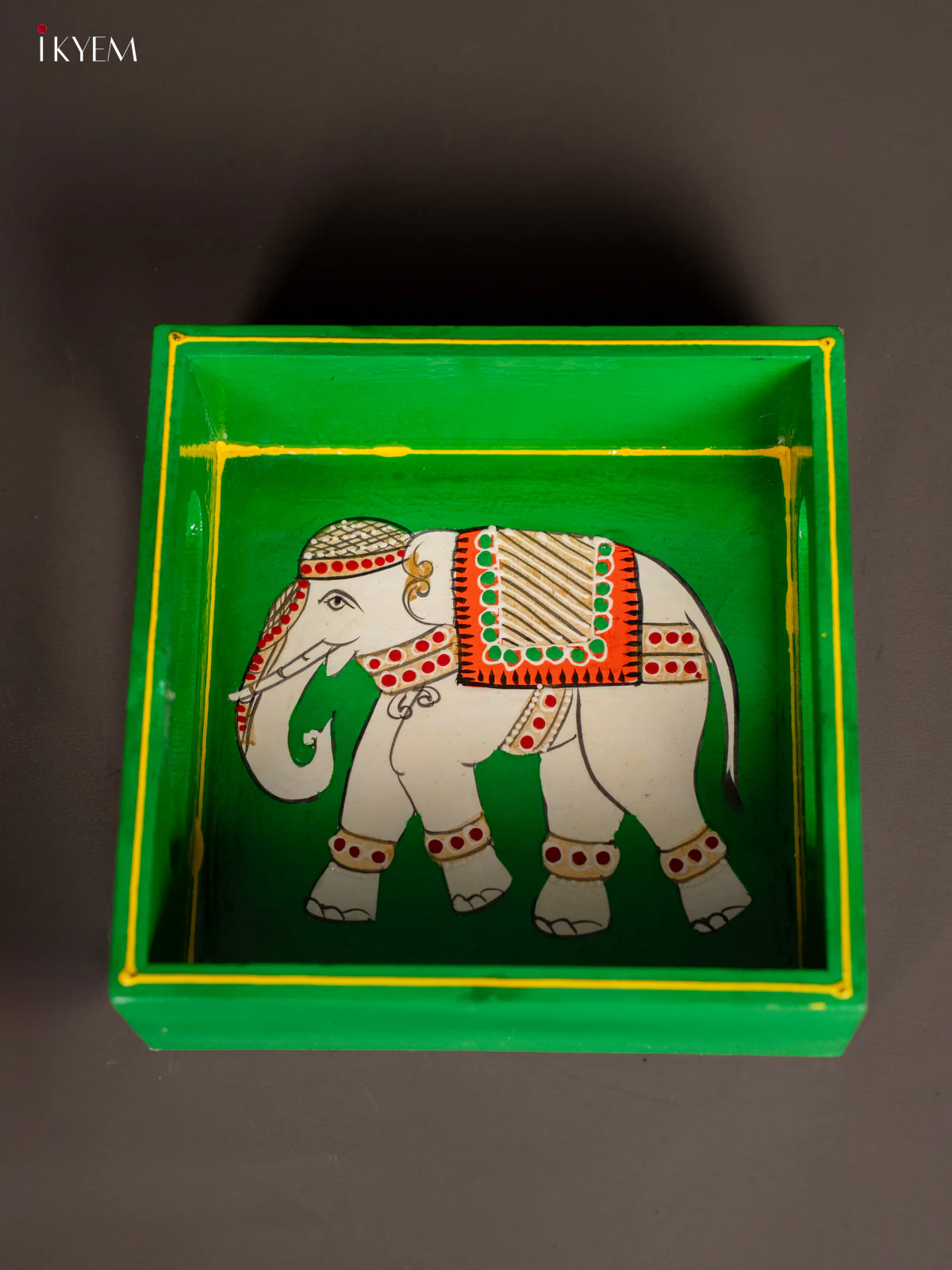 Elephant Hand-Painted Square Wooden Tray - Green - (6x6) Inch - KH08117 - Image 4