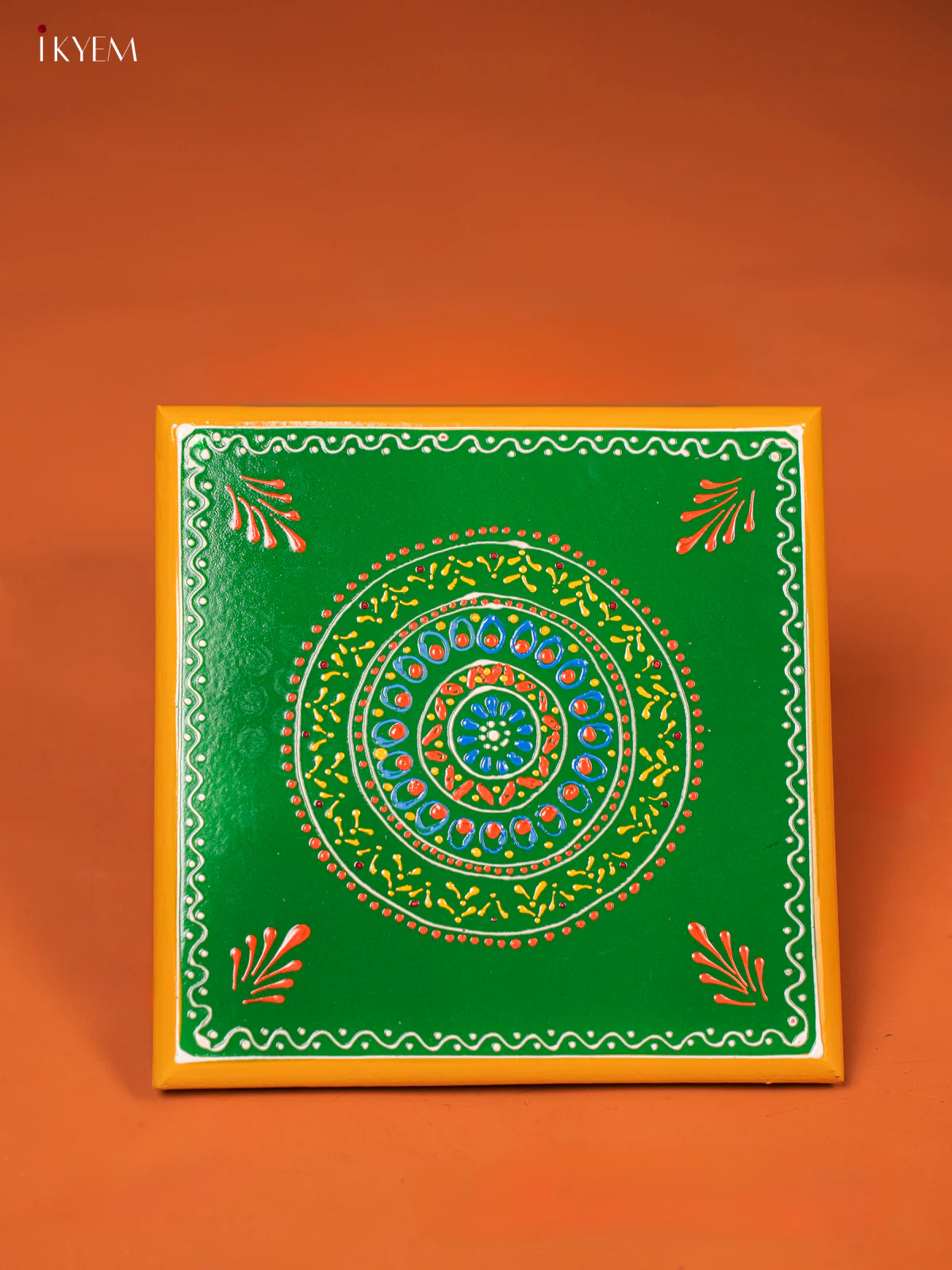 Green Hand-Painted Wooden Manai with Traditional Kolam Design (8*8) - KE27117