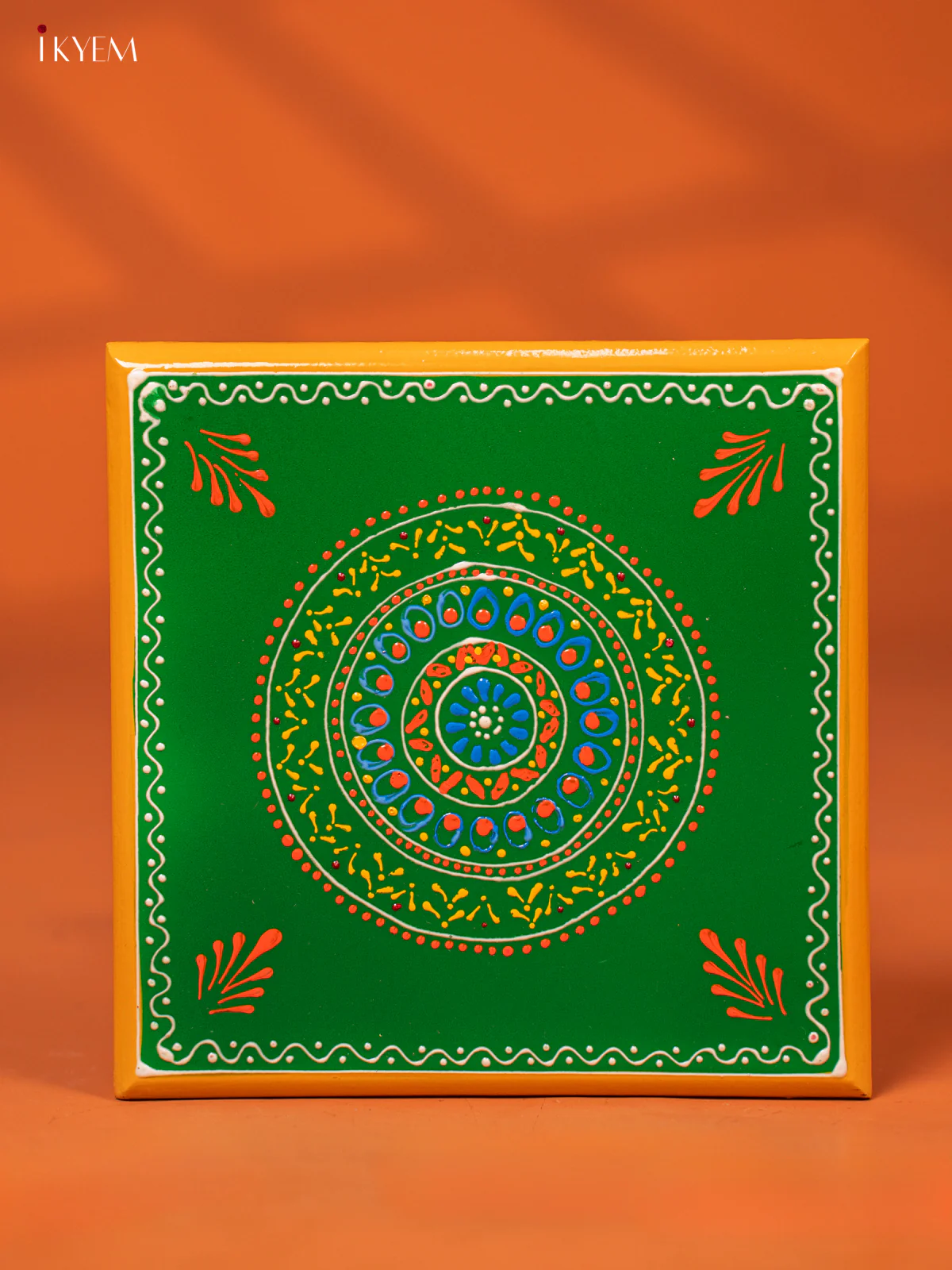 Green Hand-Painted Wooden Manai with Traditional Kolam Design (8*8) - KE27117 - Image 2