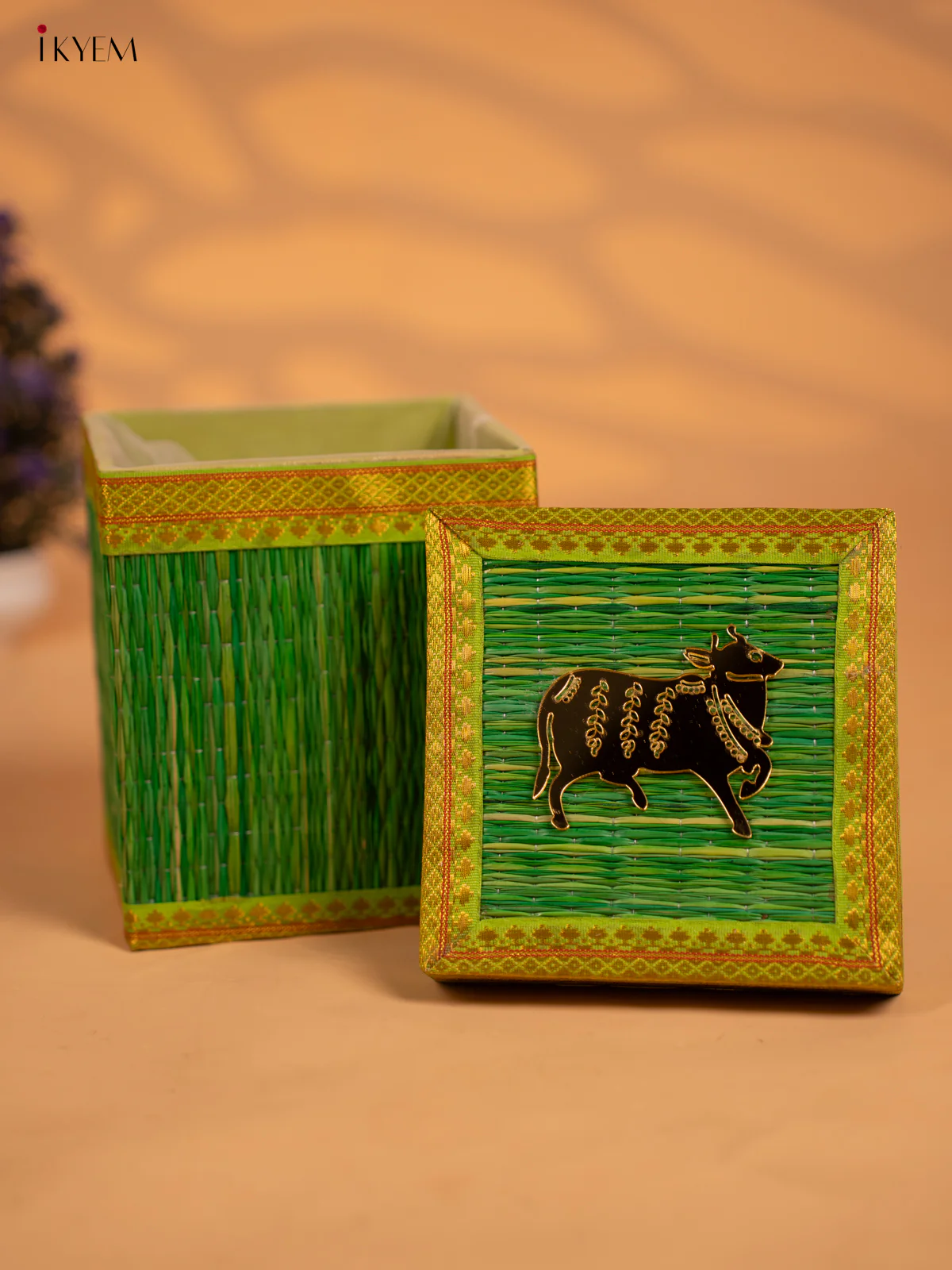 Green Korai Gift Box with Net Potli & Cow Motif - KB17149