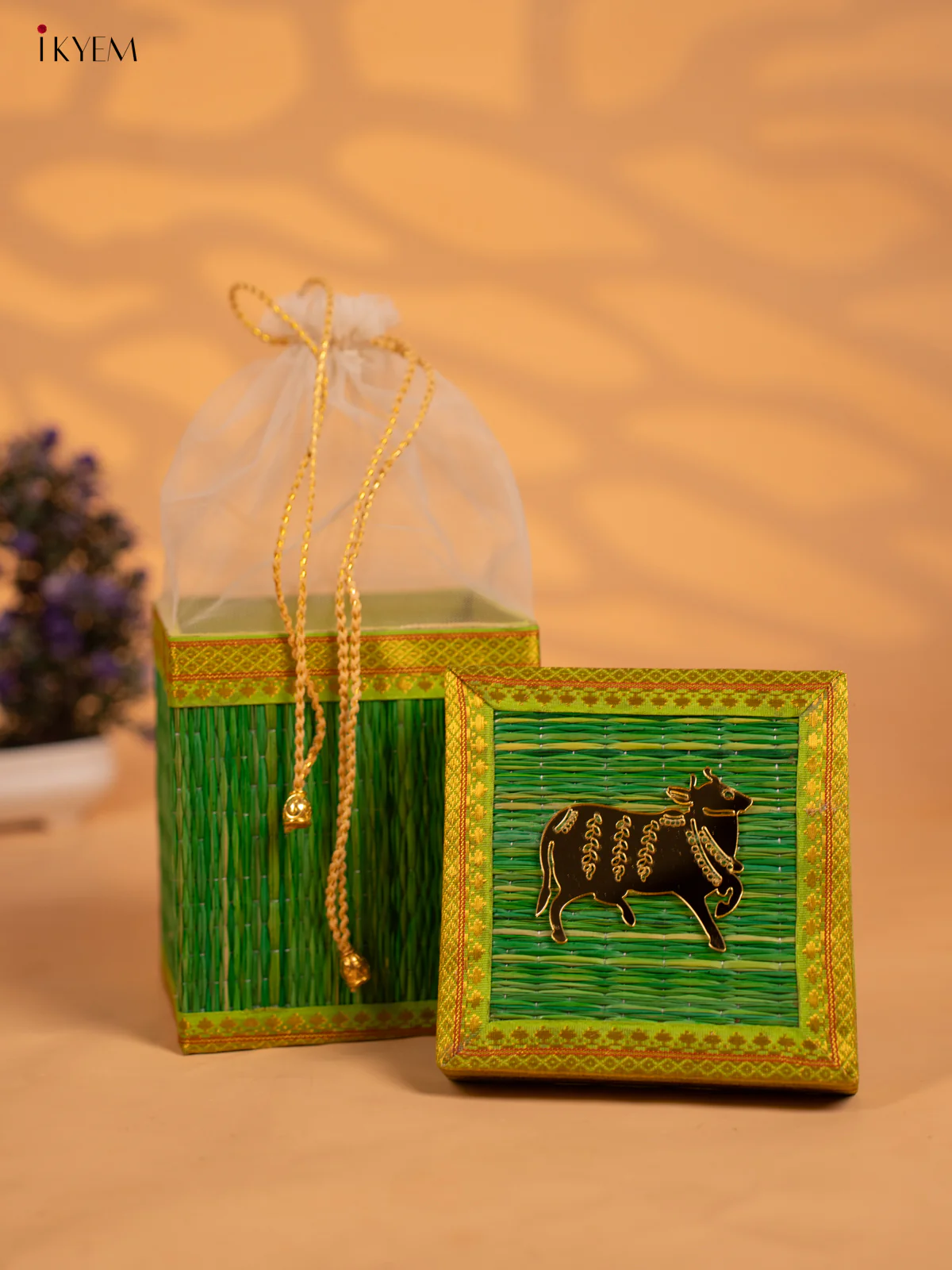 Green Korai Gift Box with Net Potli & Cow Motif - KB17149 - Image 2