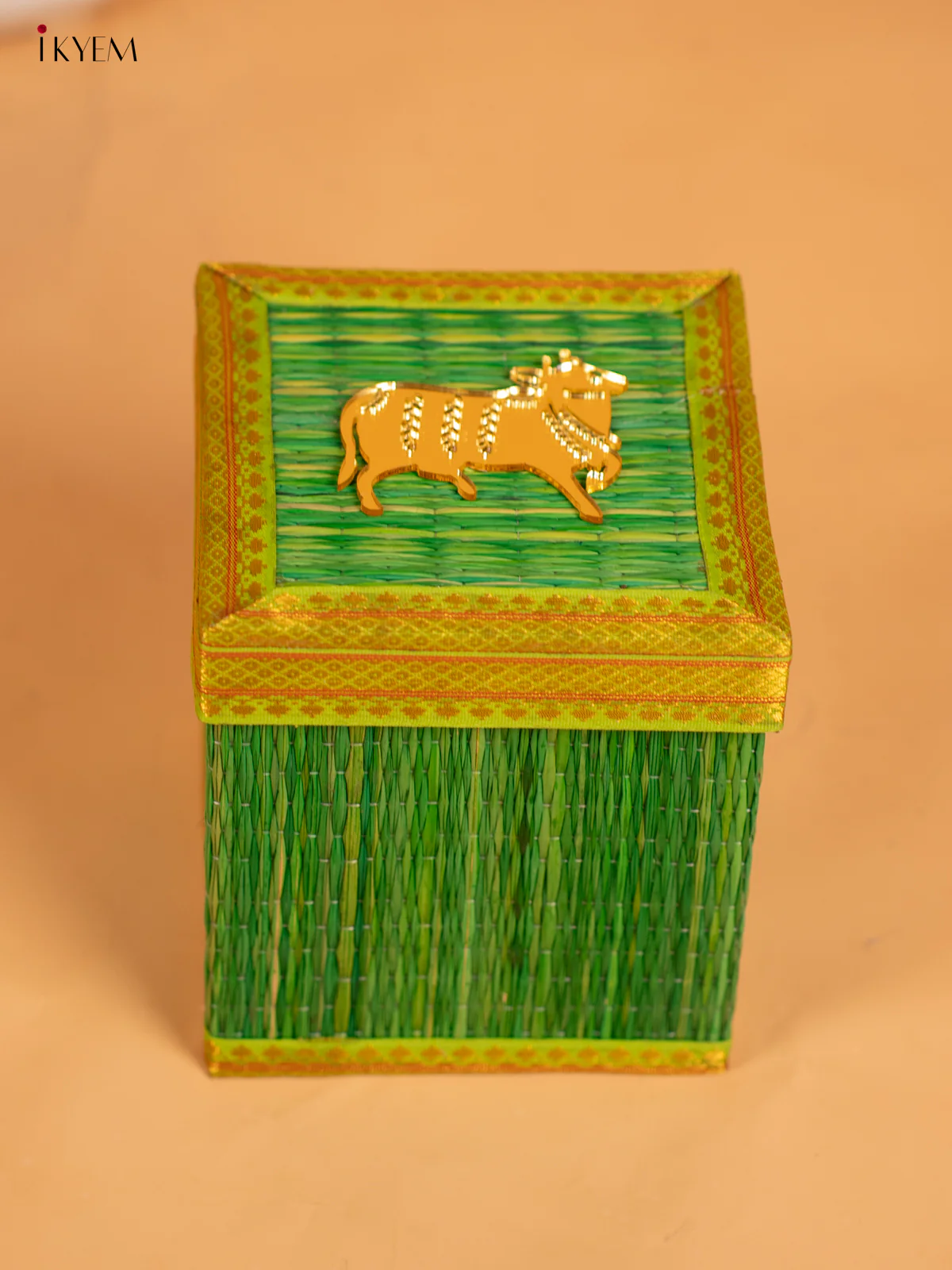 Green Korai Gift Box with Net Potli & Cow Motif - KB17149 - Image 4
