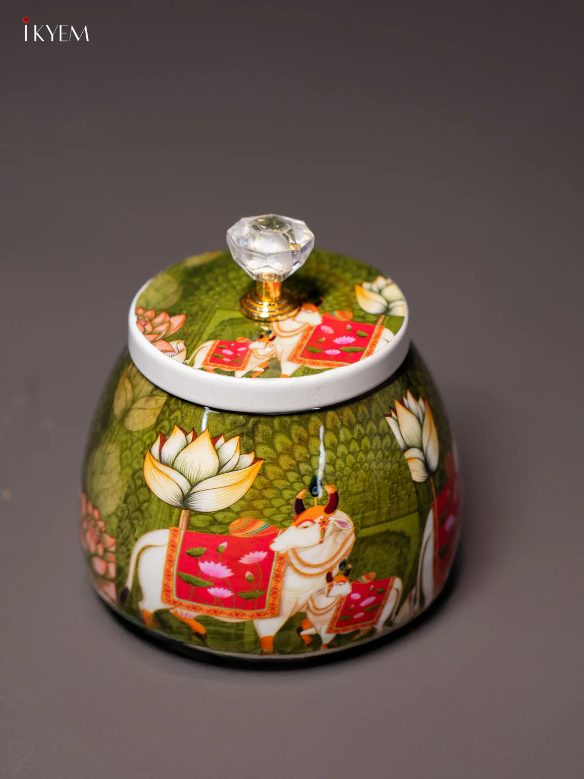 Stylish Pichwai Cow & Calf Printed Green Dry Fruit Jar with Lid - KI15113