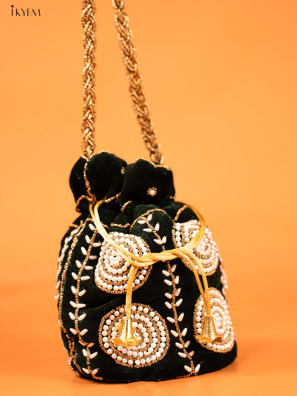 Green Potli Bag with Pearl & Bead Embroidery - KD26552 - Image 2