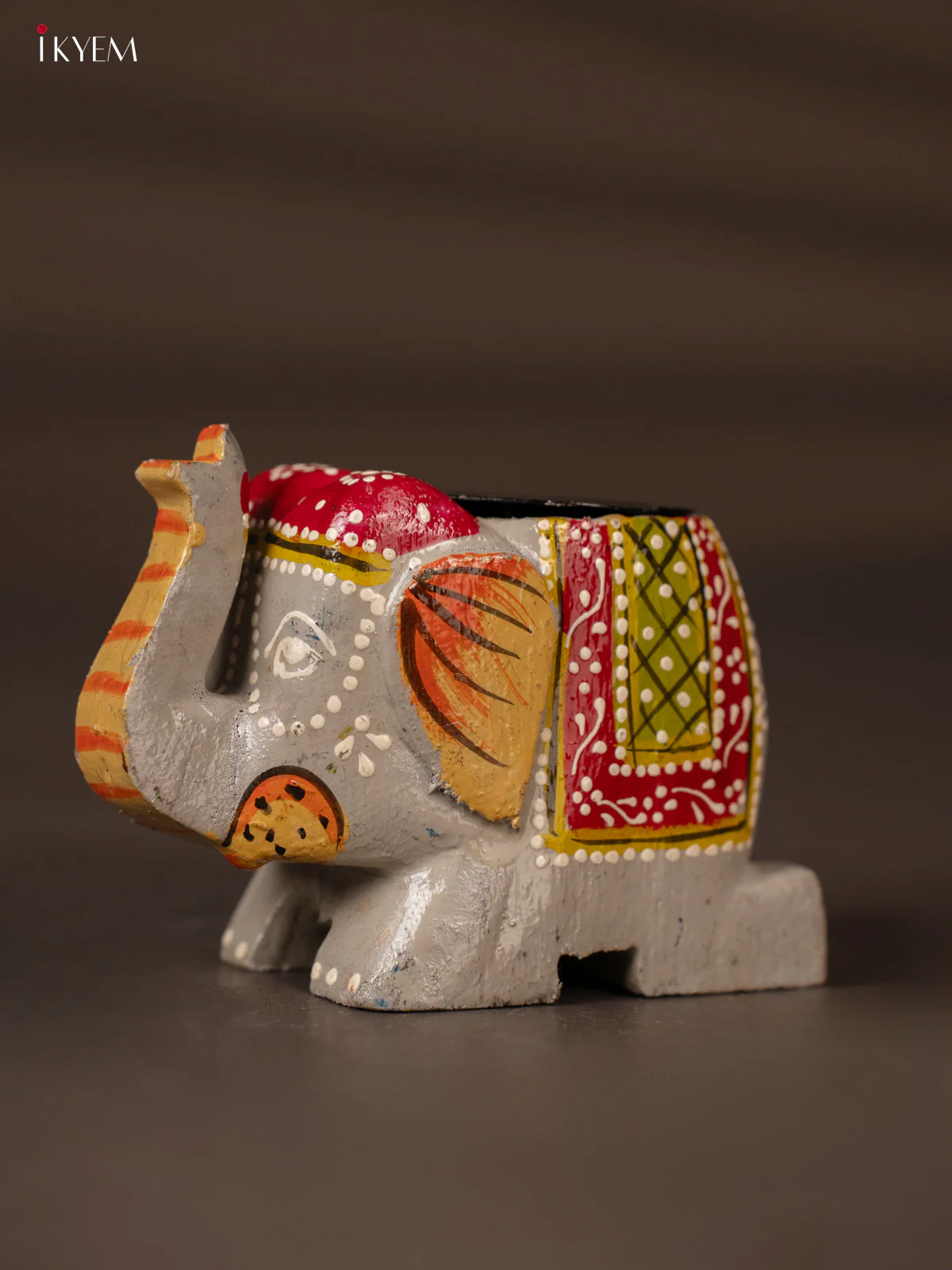 Elegant Grey & Marron Hand Painted Wooden Elephant Shaped Candle Holder - KH02116