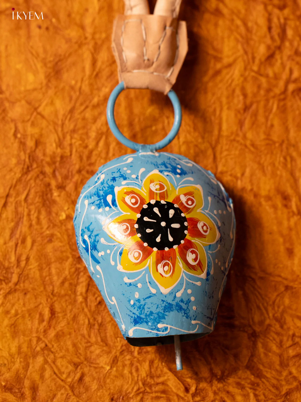Hand Painted Cow Bell with Leather Handle - Small - Sky Blue - KA11115 - Image 2