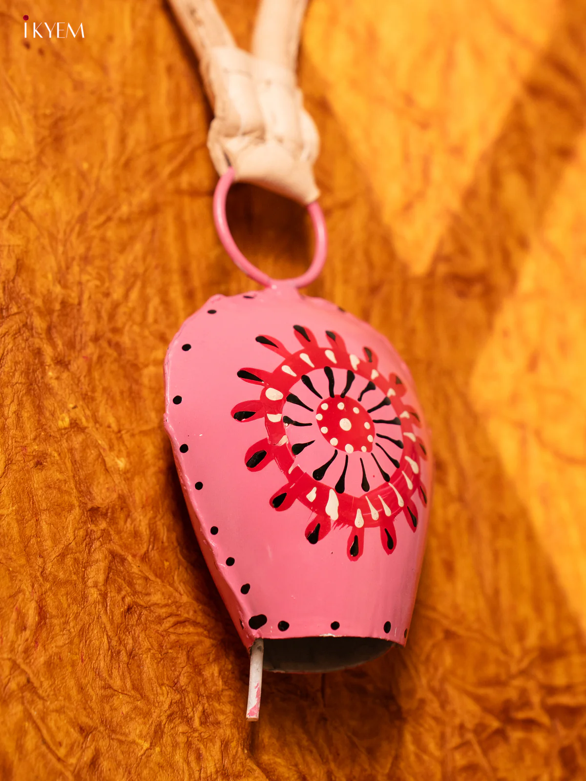 Hand Painted Cow Bell with Leather Handle- Small - Pink with Red - KA11116 - Image 2