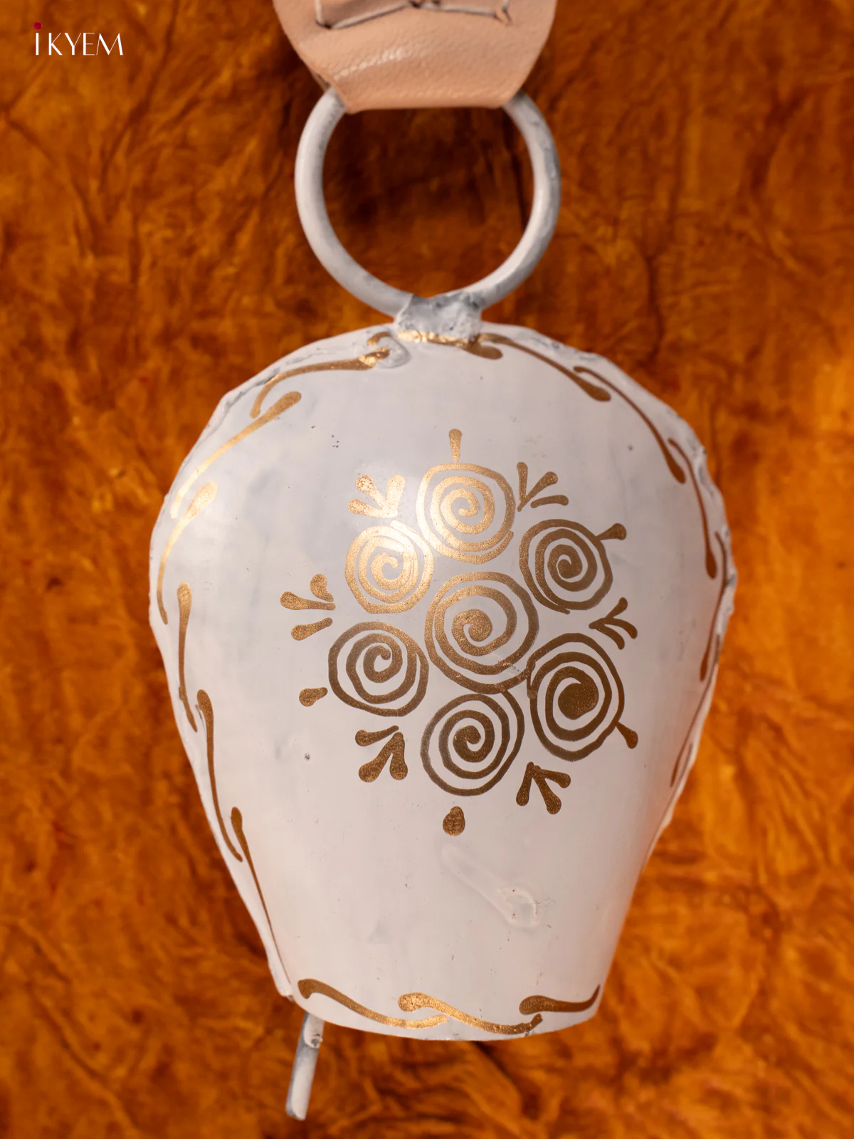 Hand Painted Cow Bell with Leather Handle - Small - White with Gold - KA11119 - Image 2